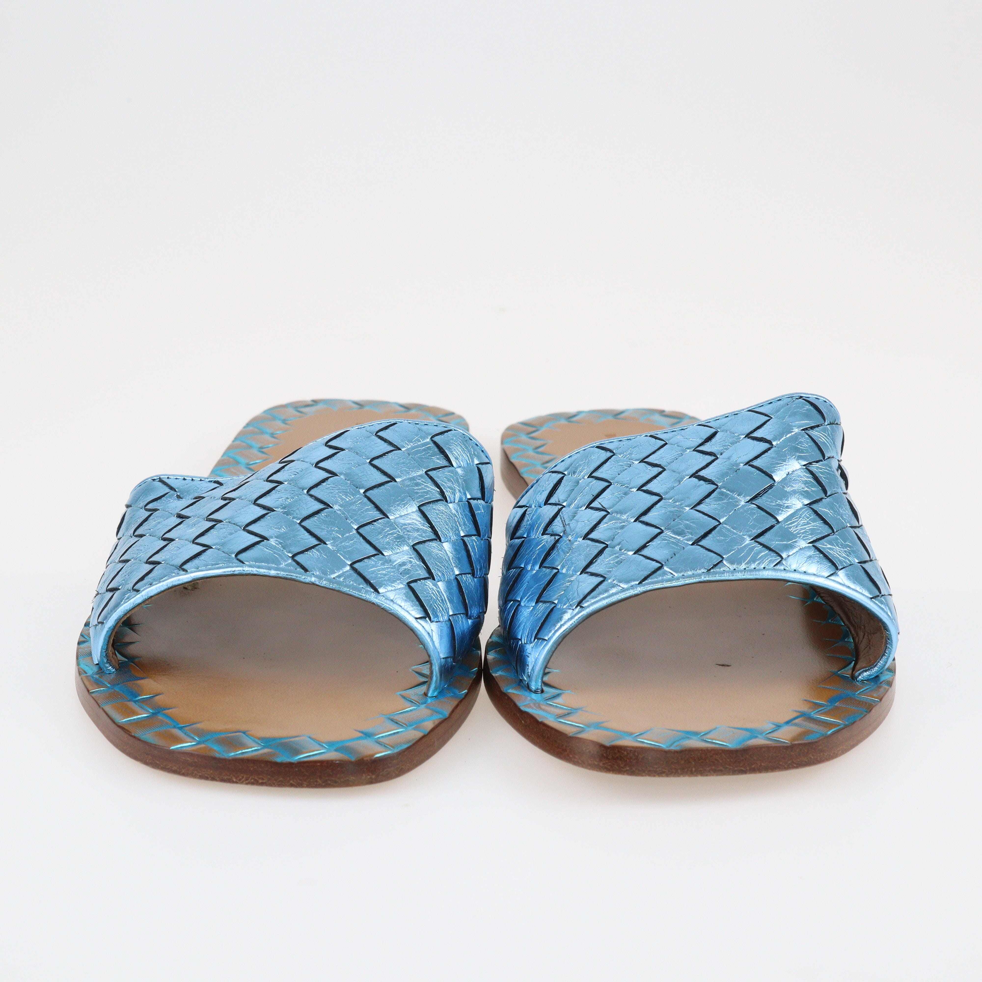 Metallic Blue Intrecciato Flat Slide Shoes Bottega Veneta 