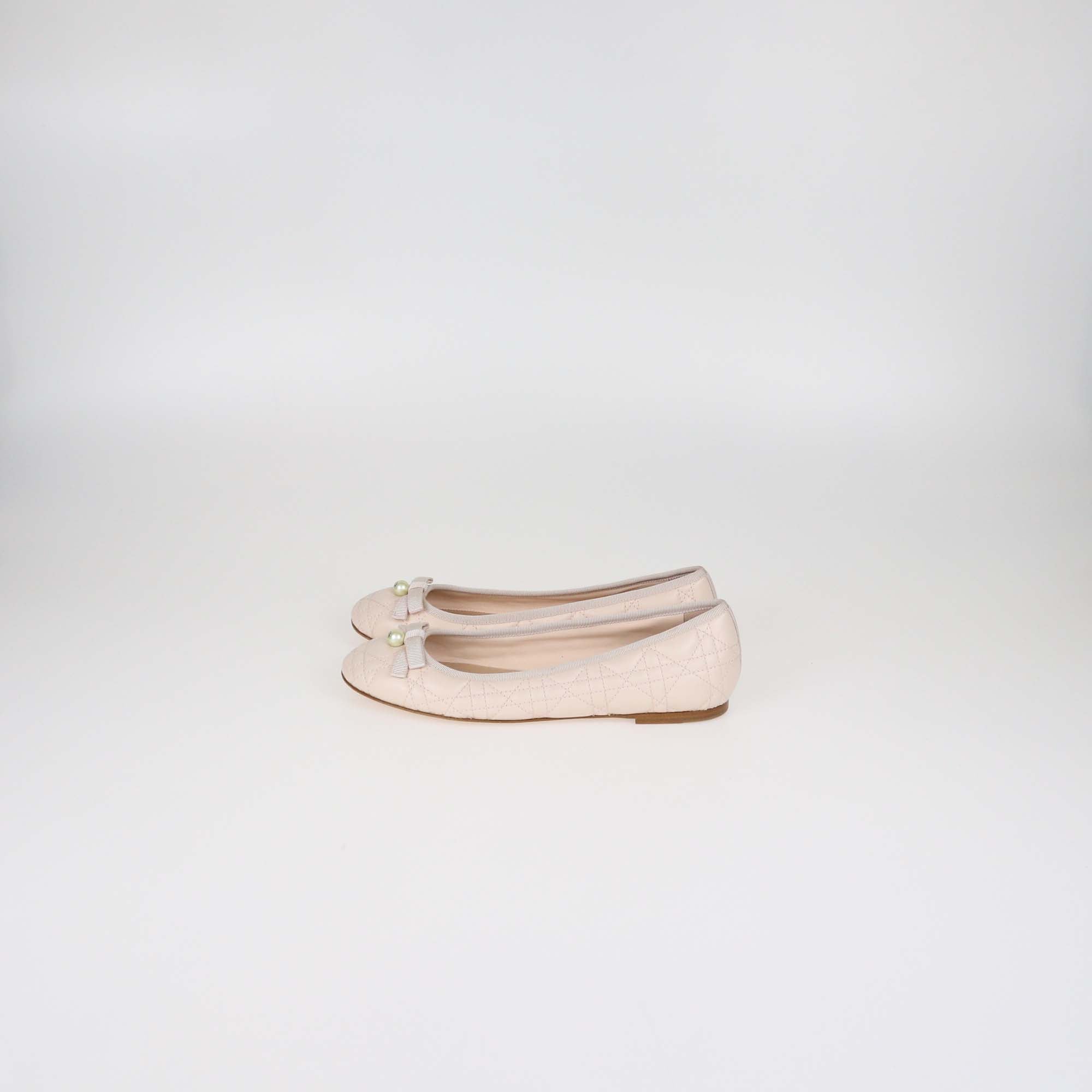 Christian Dior Powder Pink Leather Pearl Bow Cannage Ballet Flats