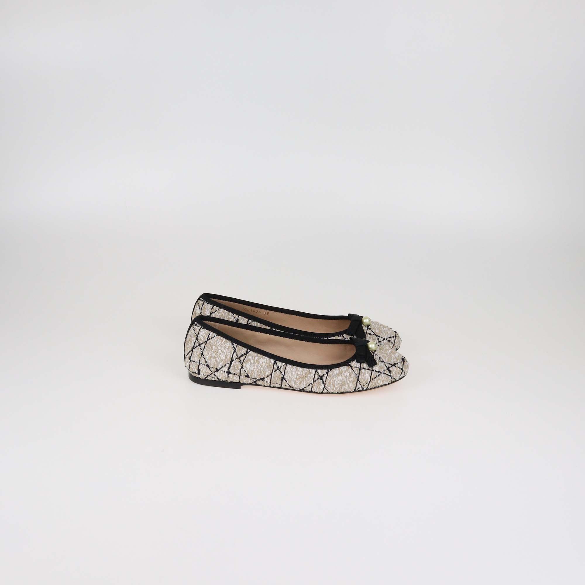 Christian Dior Beige/Black Tweed Pearl Bow Cannage Ballet Flats
