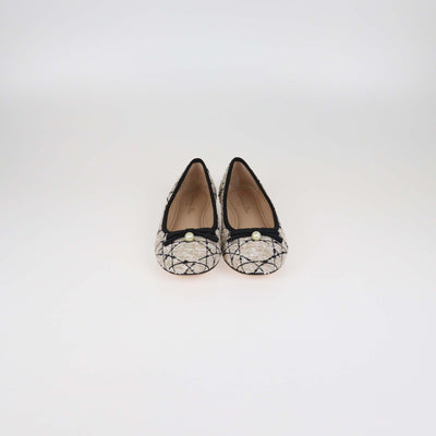 Christian Dior Beige/Black Tweed Pearl Bow Cannage Ballet Flats