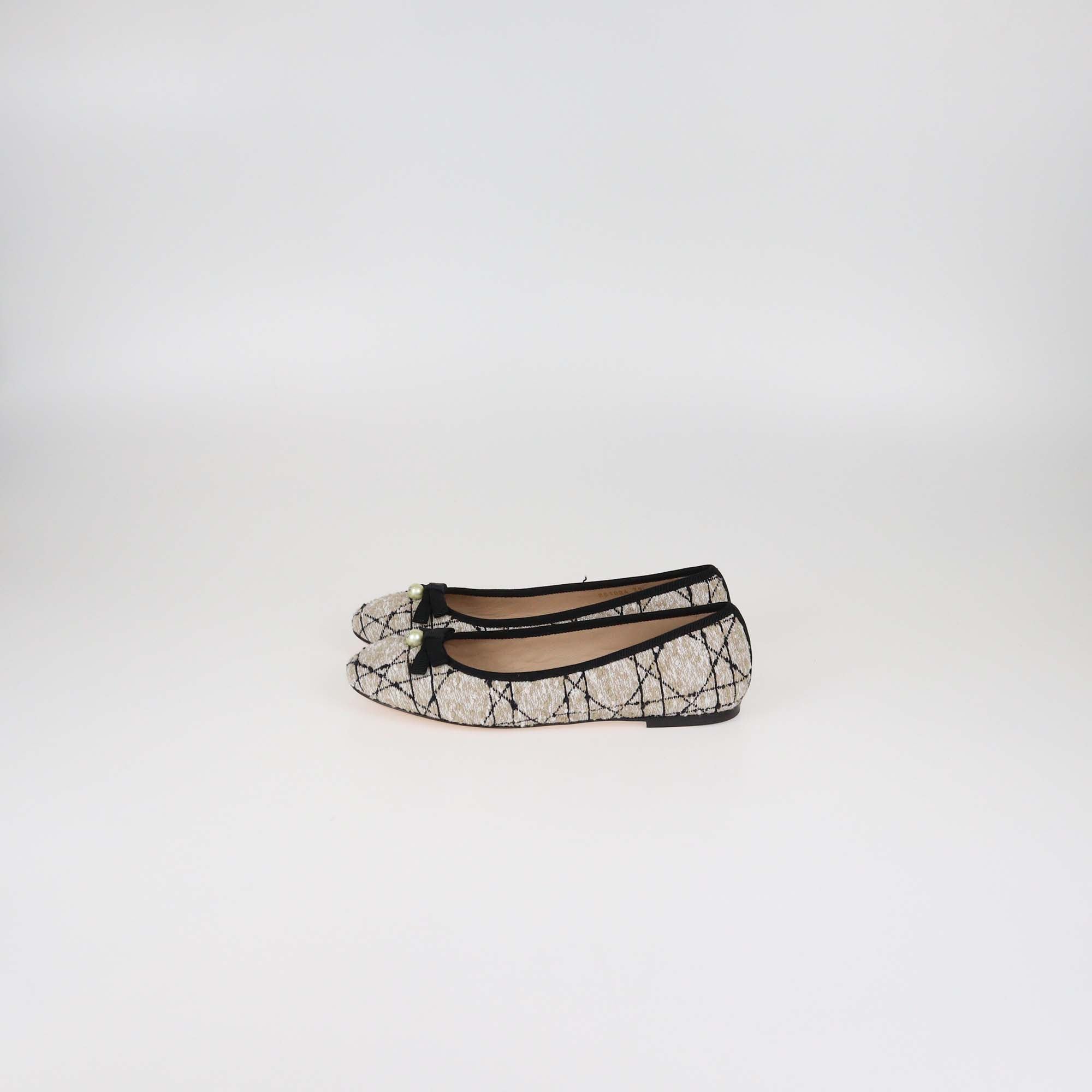 Christian Dior Beige/Black Tweed Pearl Bow Cannage Ballet Flats