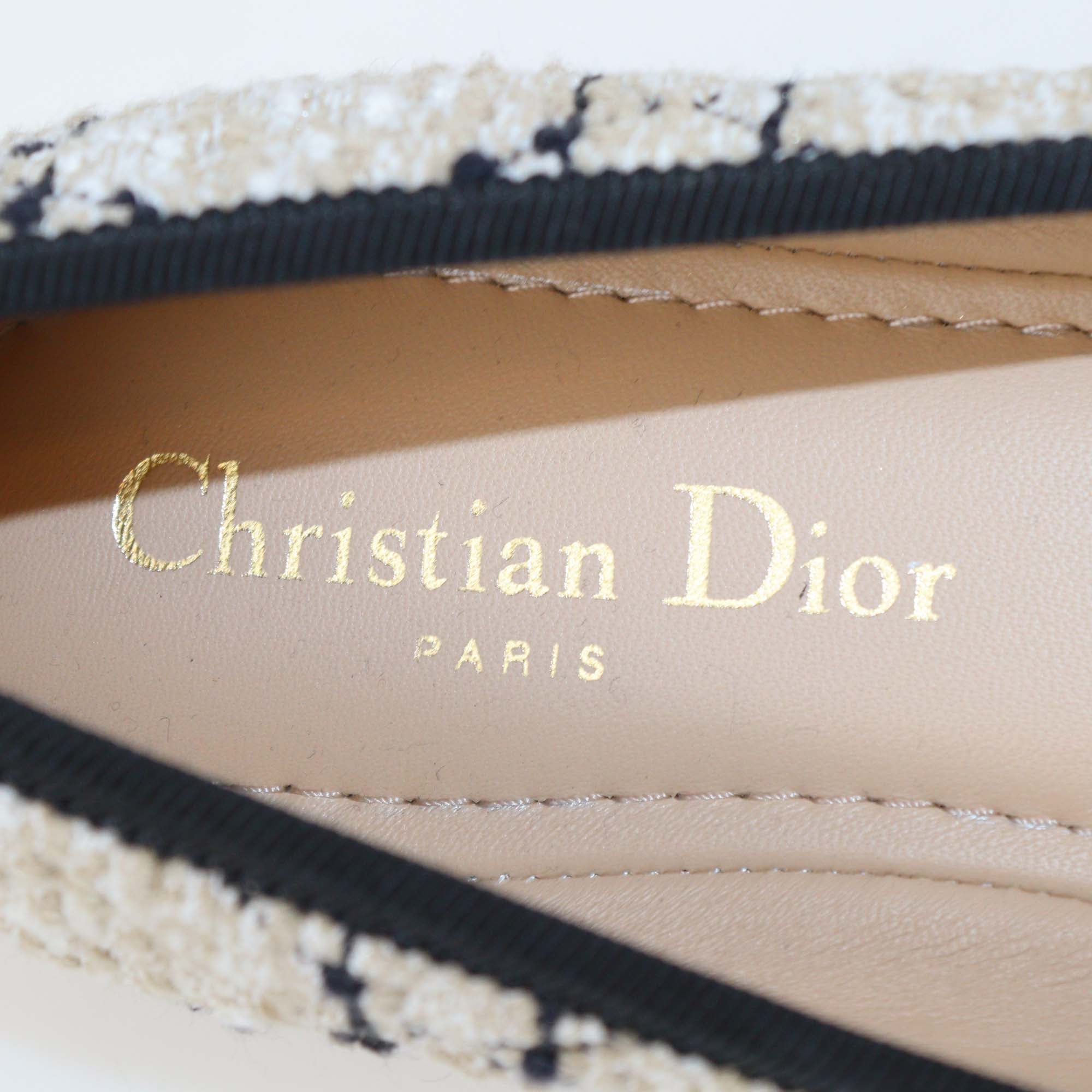 Christian Dior Beige/Black Tweed Pearl Bow Cannage Ballet Flats