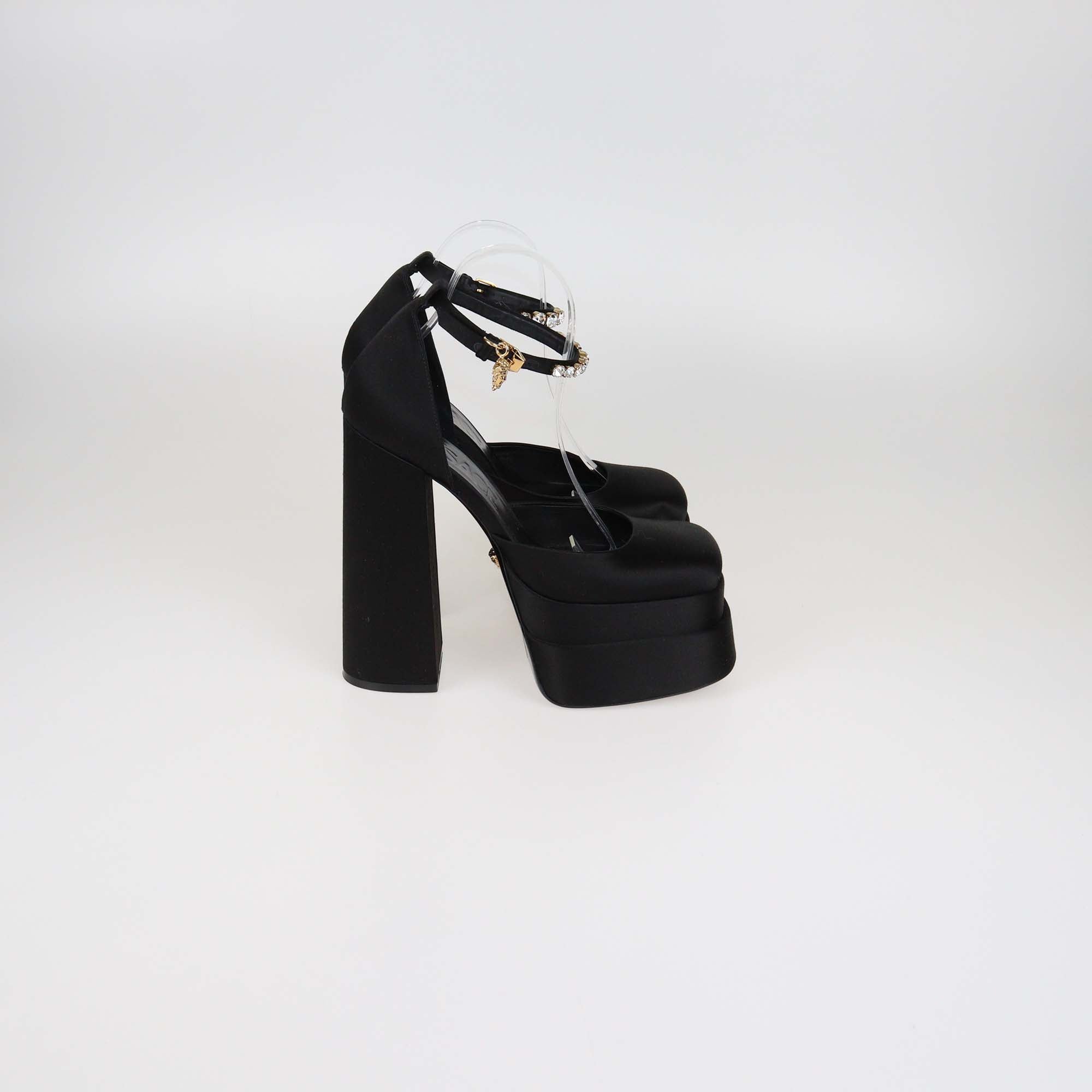 Versace Black Satin Medusa Aevitas Platform Pumps