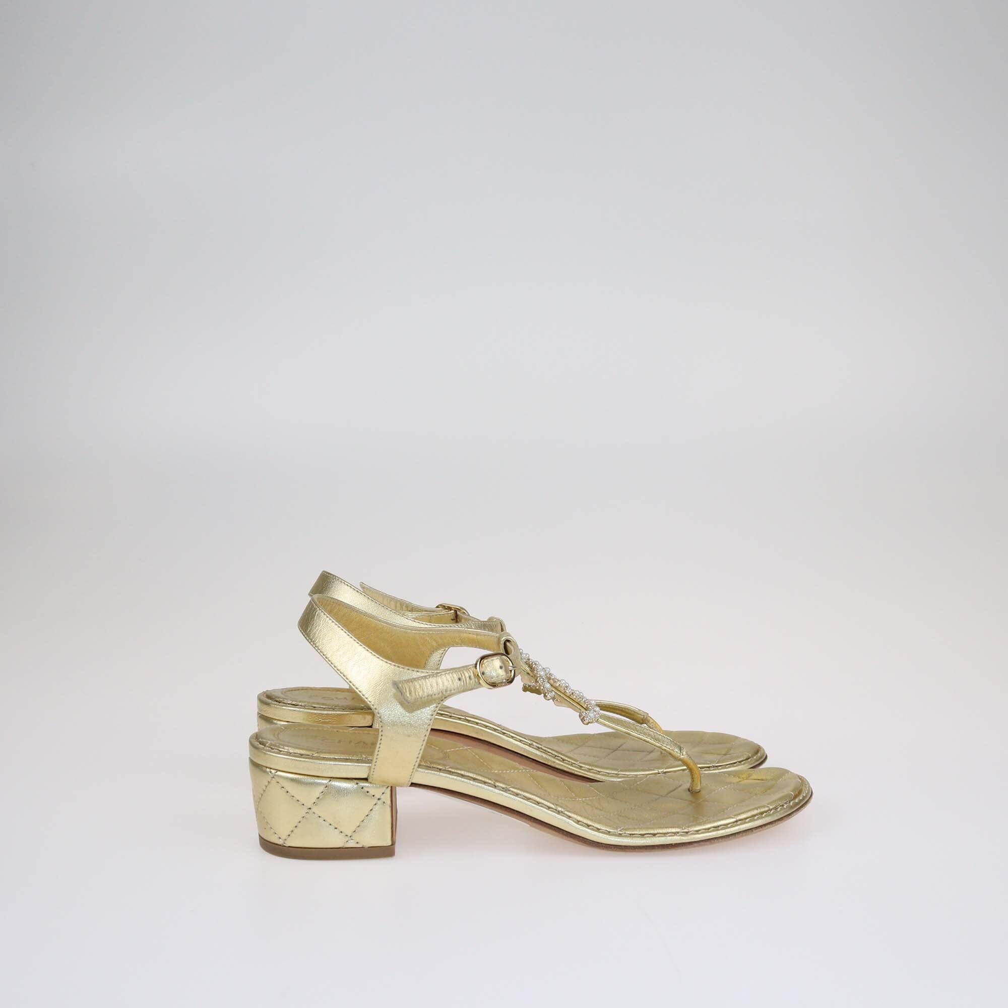 Chanel Gold CC Embellished T-Strap Sandals Shoes Chanel 