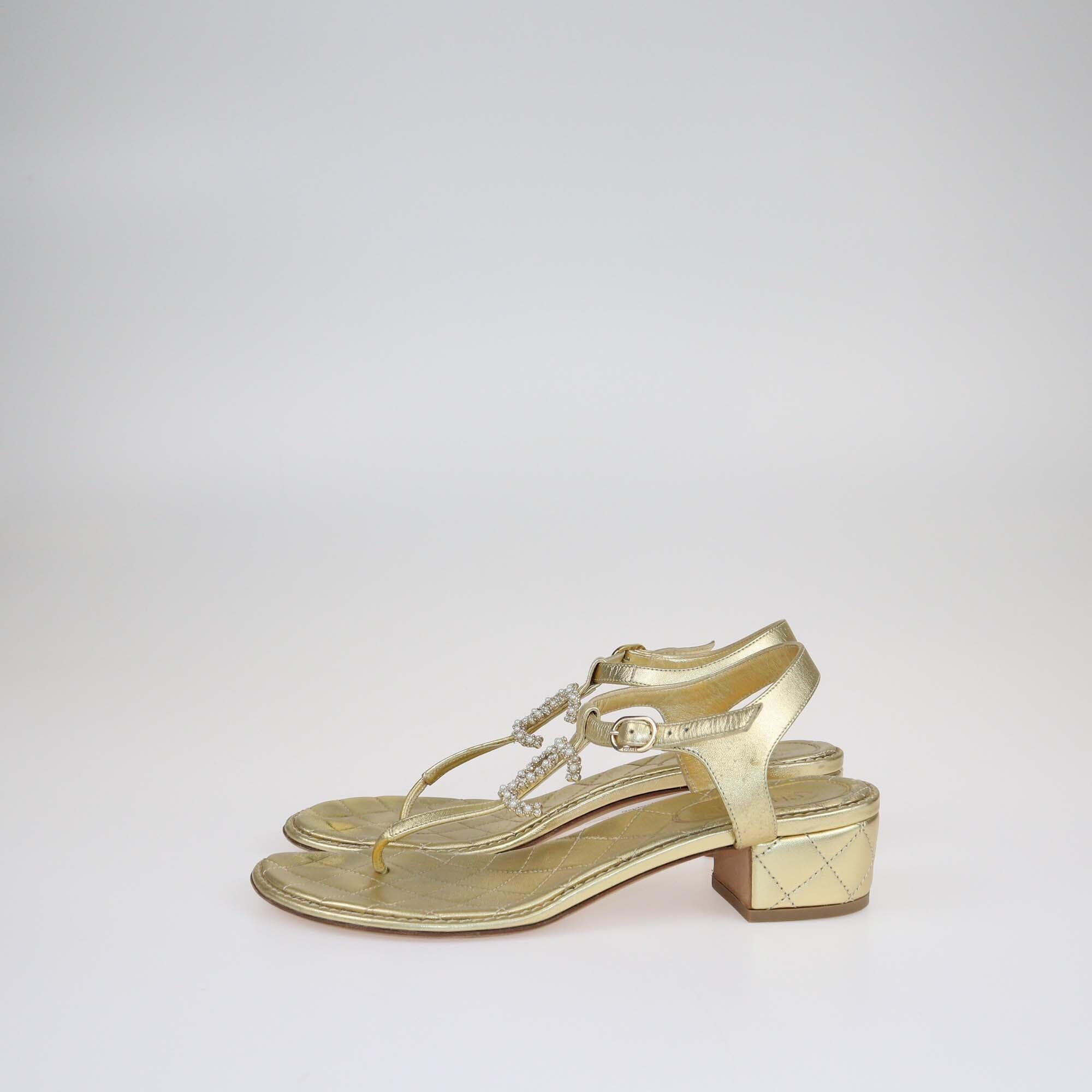 Chanel Gold CC Embellished T-Strap Sandals Shoes Chanel 