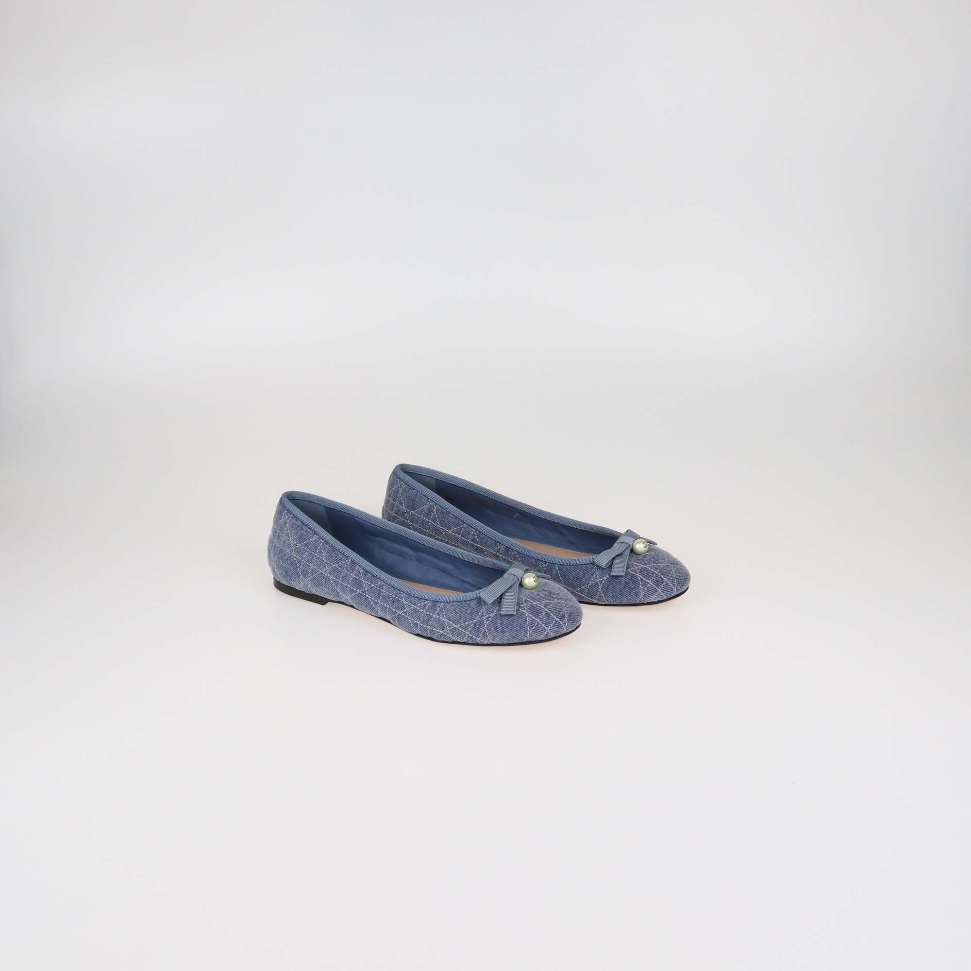 Christian Dior Blue Denim Cannage Pearl Bow Ballet Flats