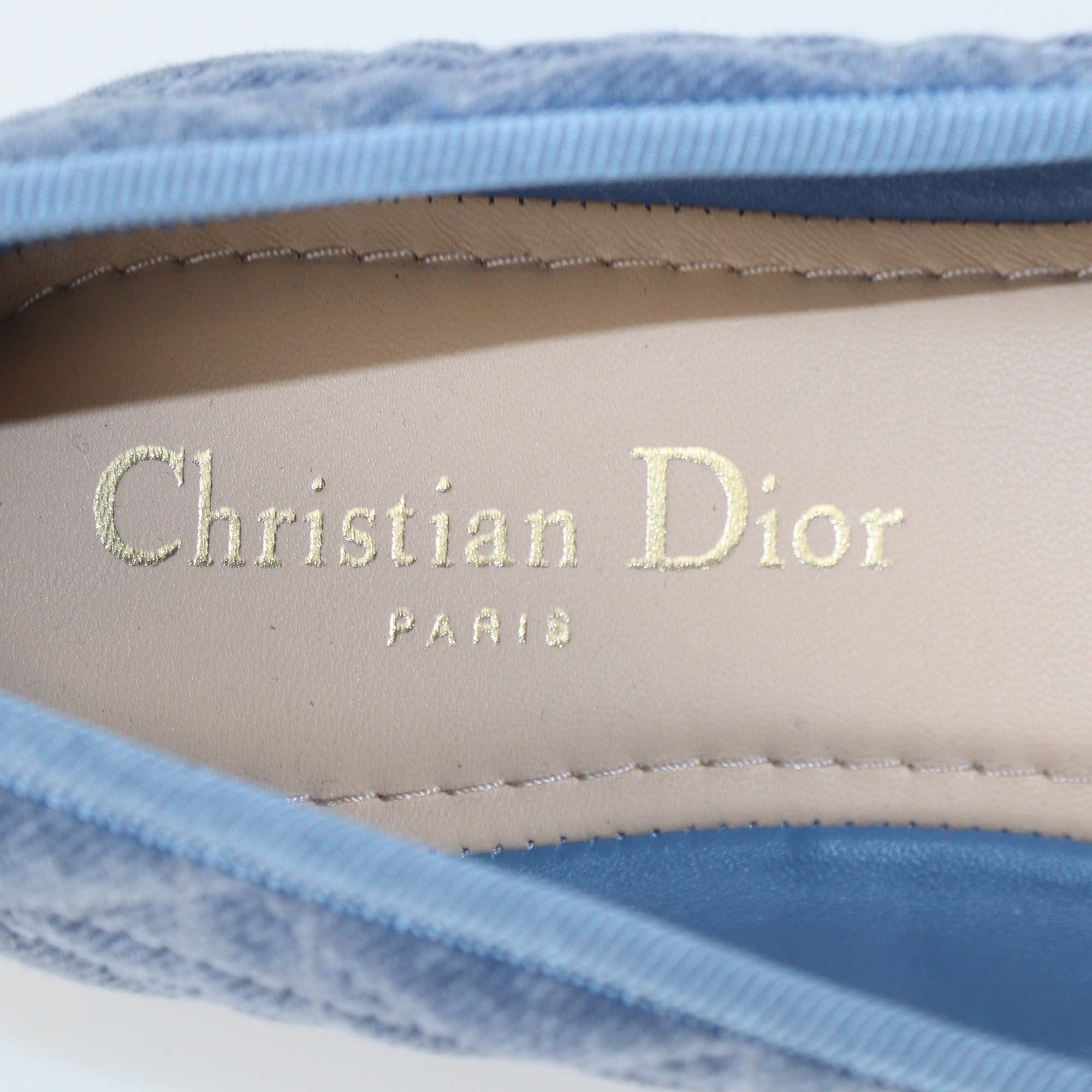 Christian Dior Blue Denim Cannage Pearl Bow Ballet Flats