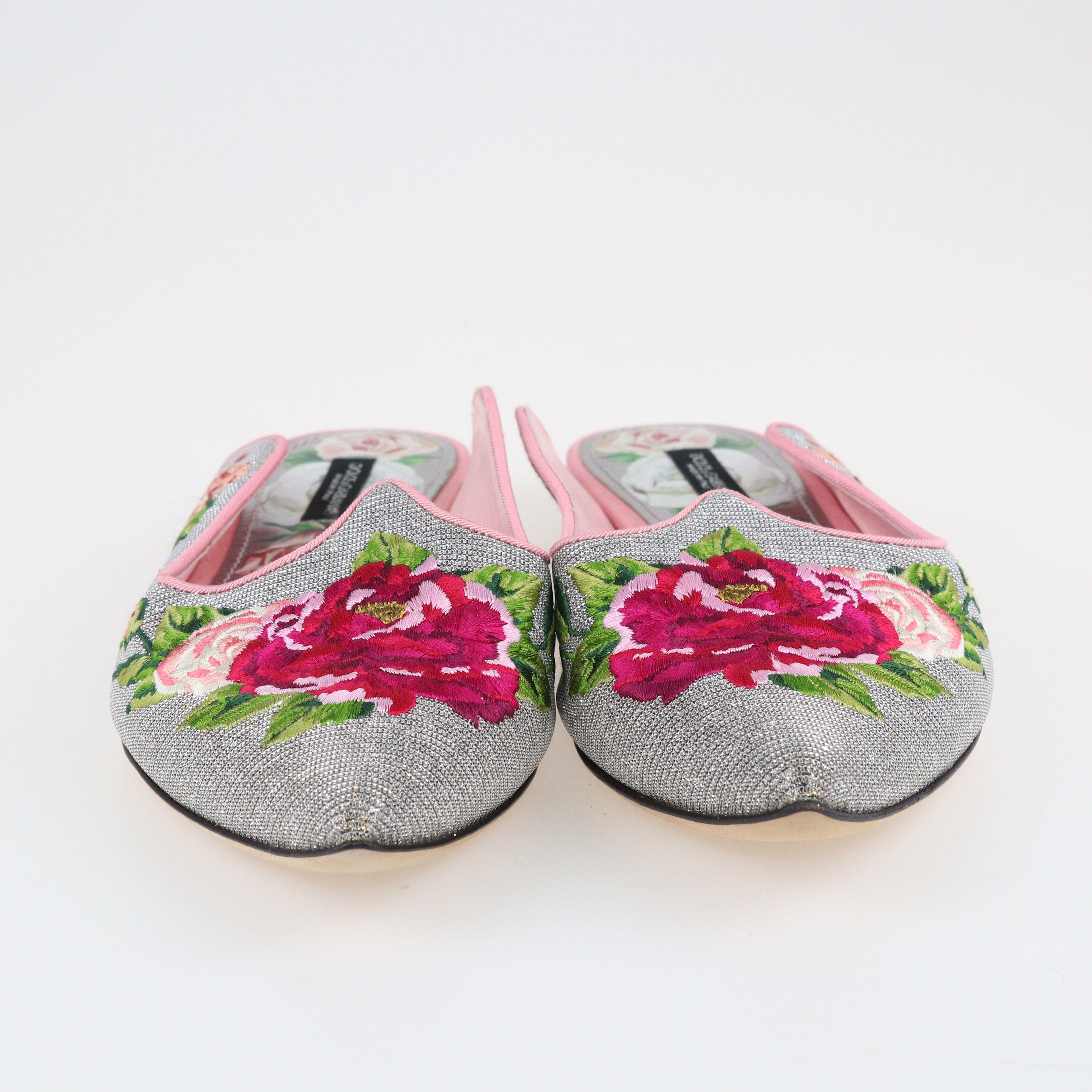 Metallic Rose Embroidered Aladino Peony Mules Shoes Dolce & Gabbana 