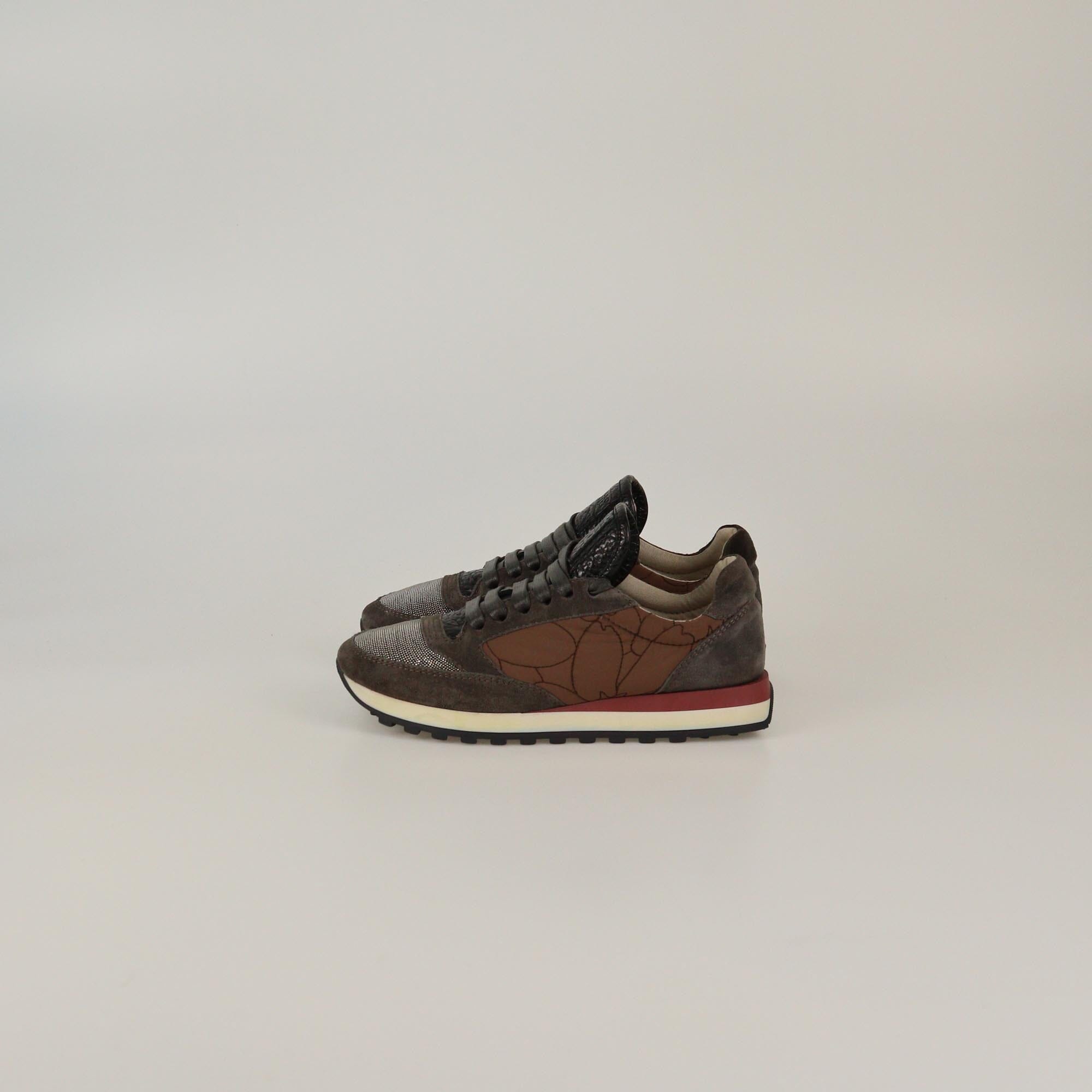 Brunello Cucinelli Grey/Brown Beaded Low Top Sneakers Womens Brunello Cucinelli 