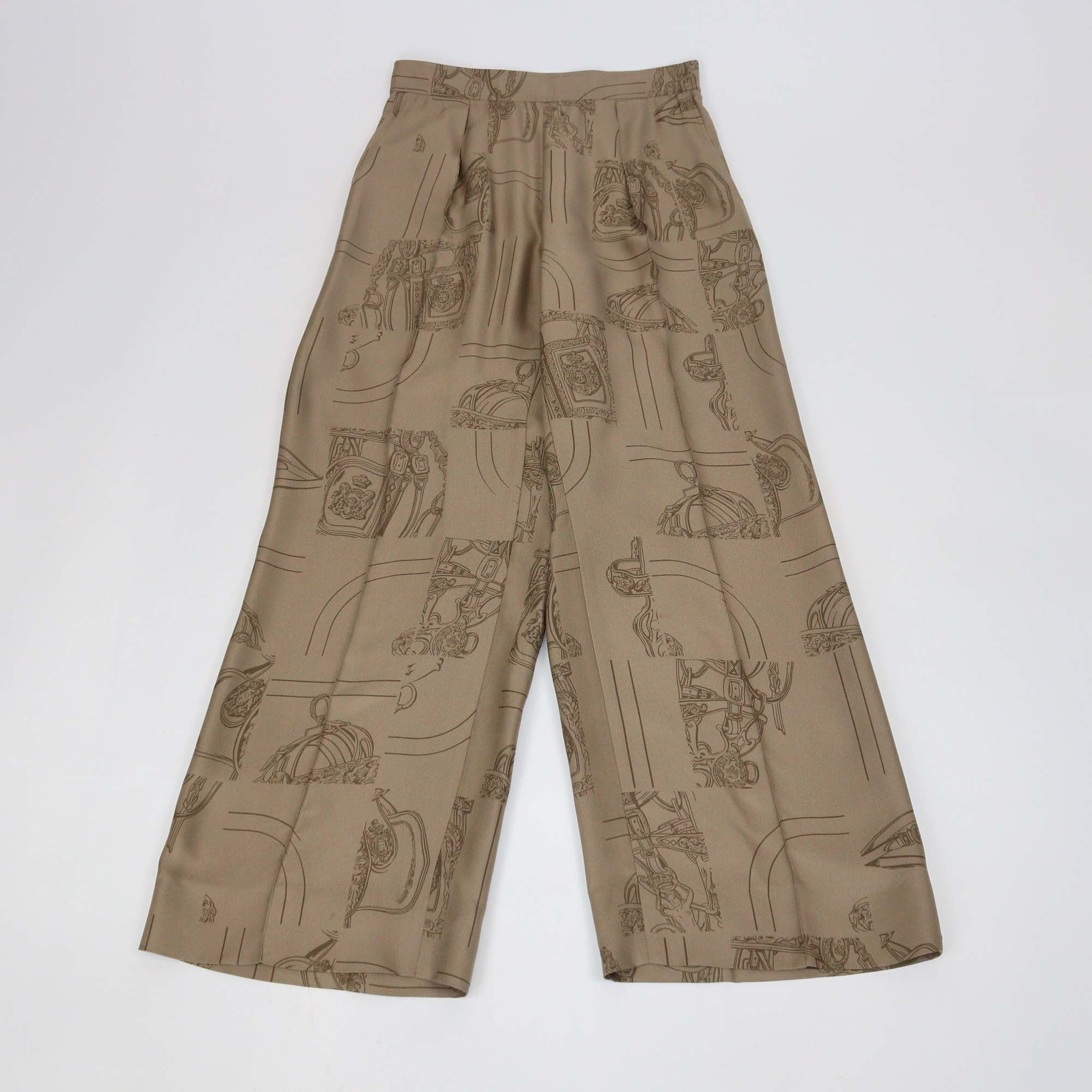 Hermes Khaki Silk En Desordre Finesse Print Trouser