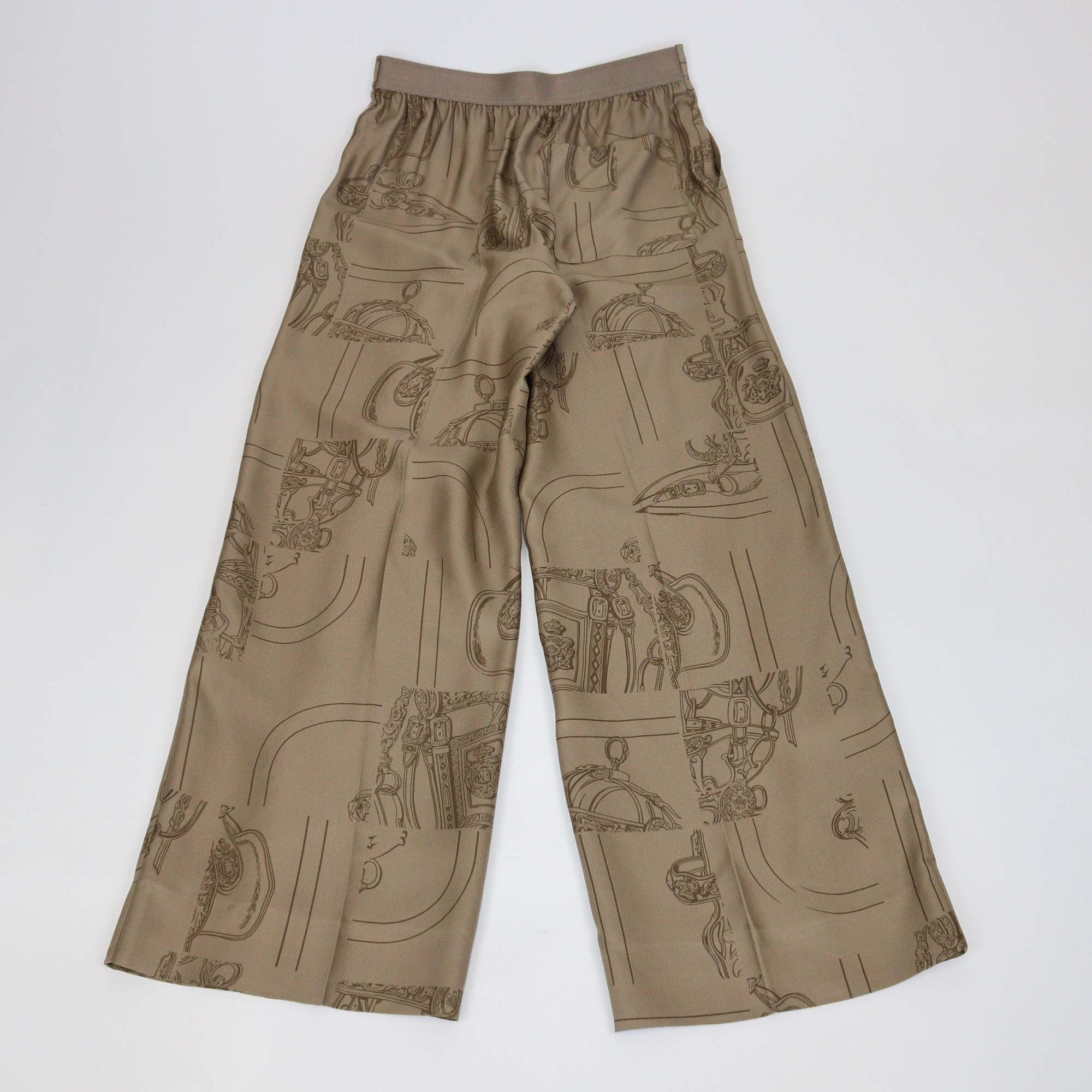 Hermes Khaki Silk En Desordre Finesse Print Trouser