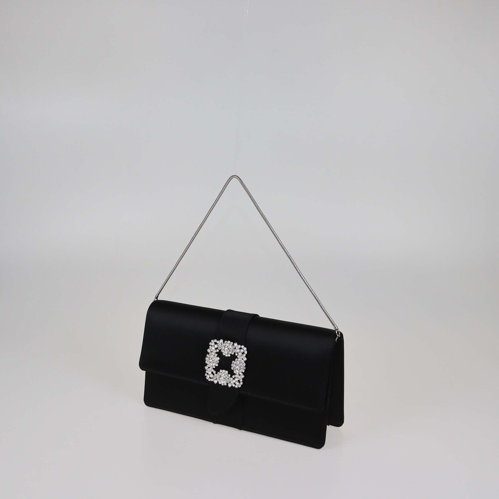 Manolo Blahnik Black Satin Buckle Jewel Capri Clutch