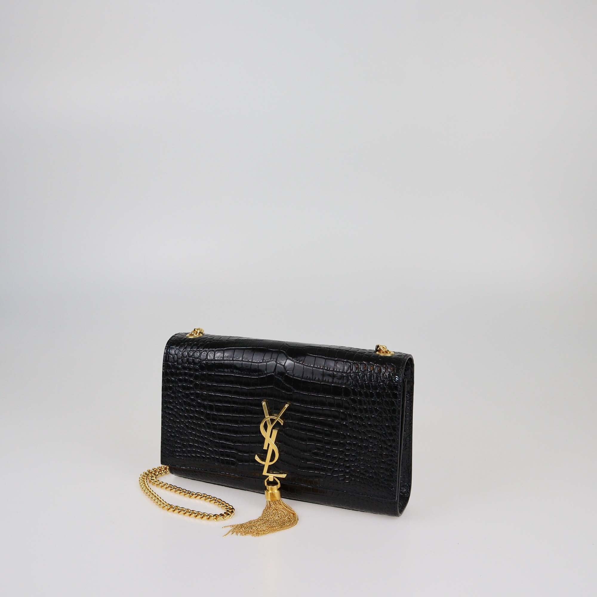 Saint Laurent Black Croc Embossed Medium Kate Tassel Shoulder Bag Womens Saint Laurent 