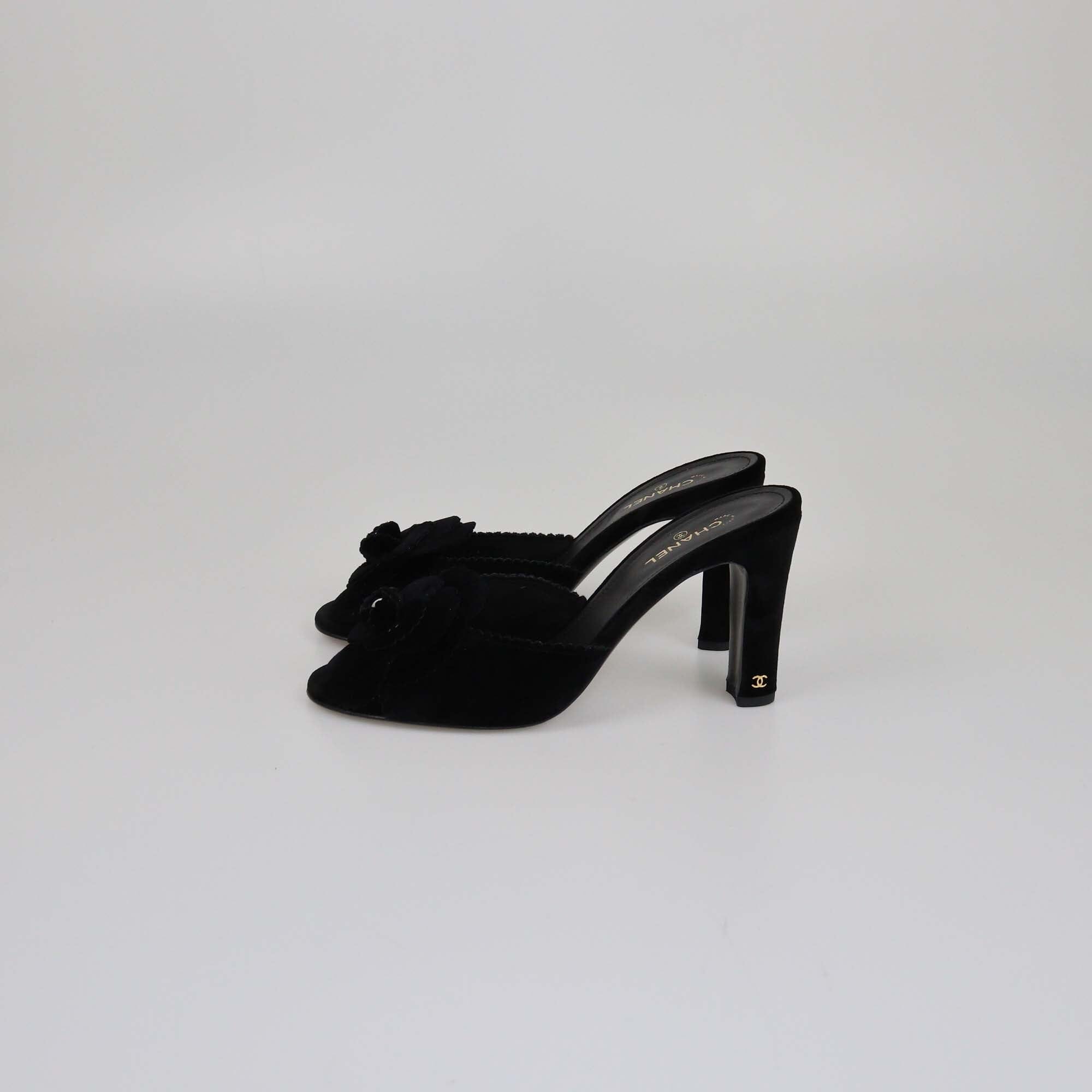 Chanel Black CC Camellia Block Heel Sandals Womens Chanel 