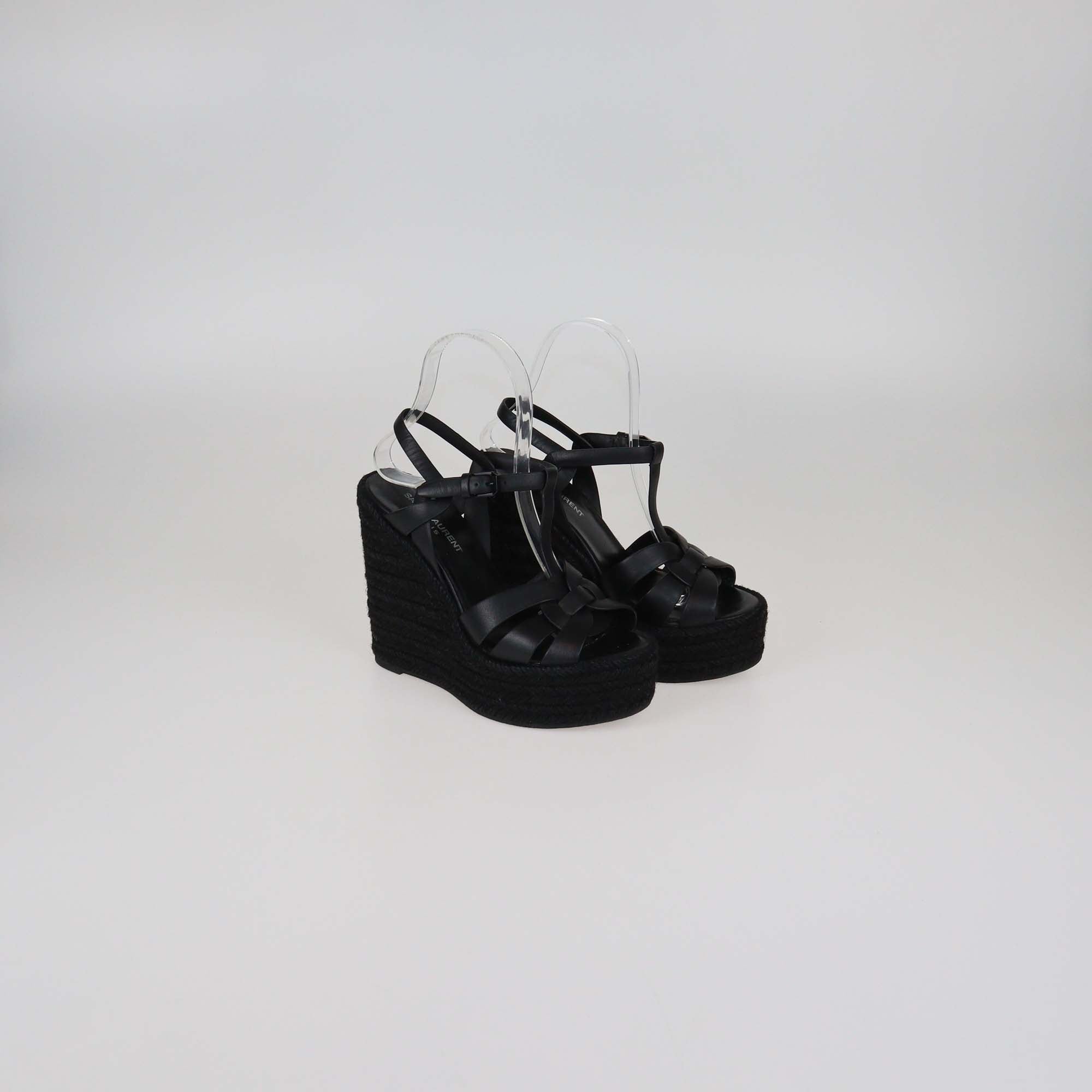 Saint Laurent Black Leather Tribute Espadrilles Wedge Sandals