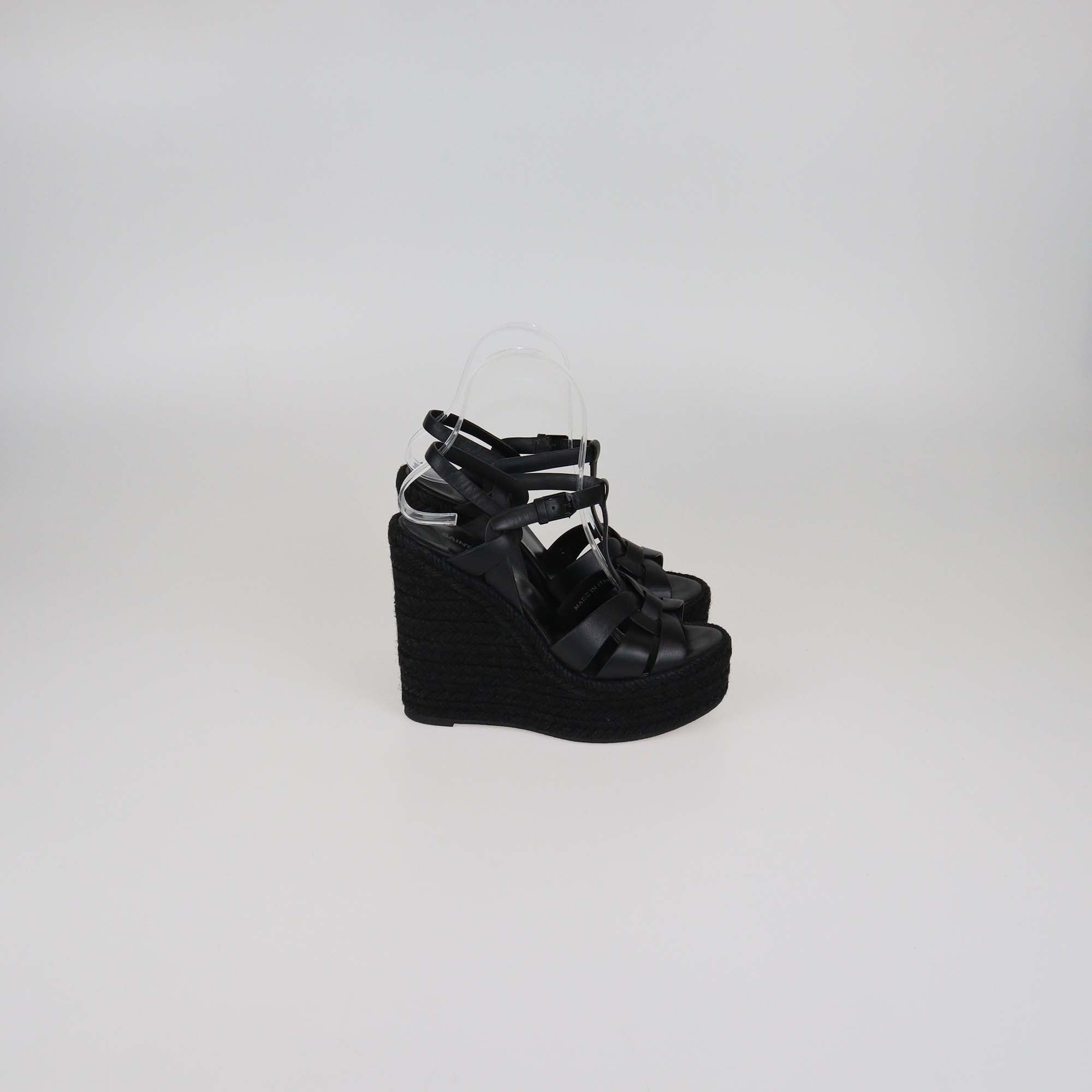 Saint Laurent Black Leather Tribute Espadrilles Wedge Sandals