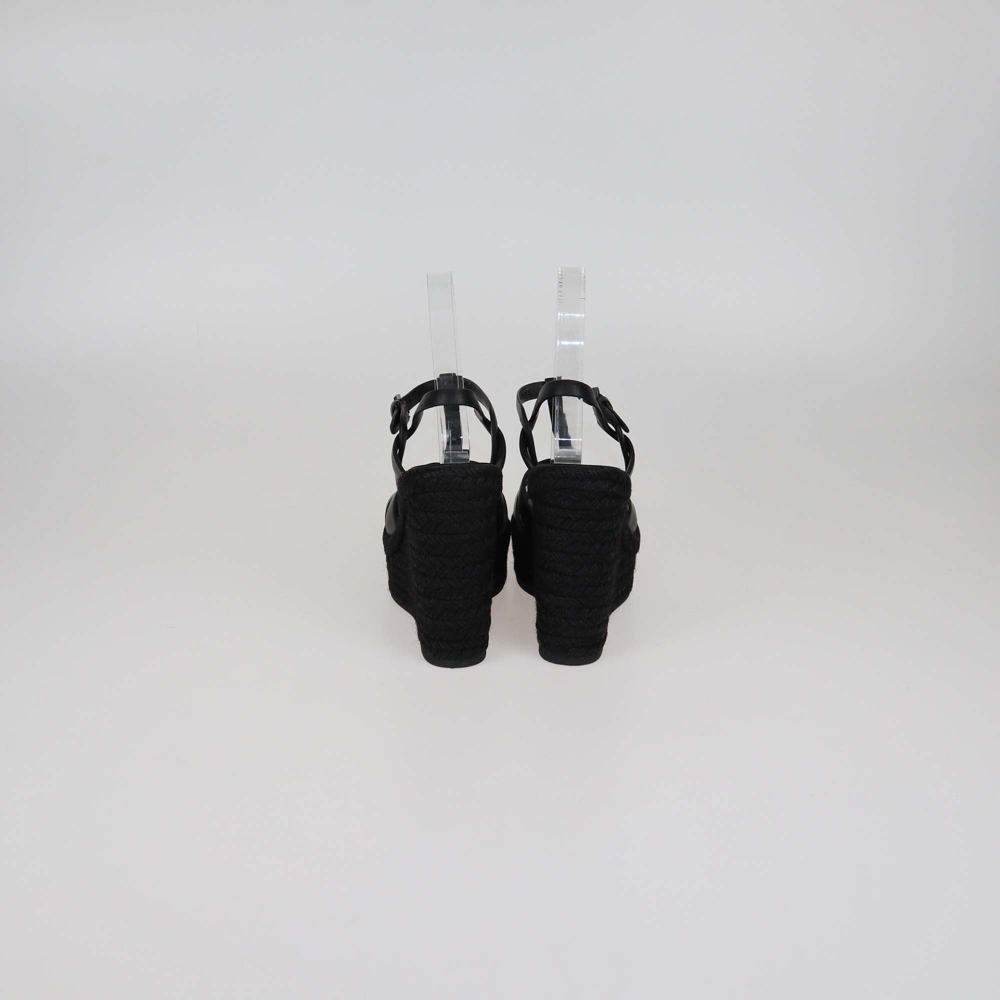 Saint Laurent Black Leather Tribute Espadrilles Wedge Sandals