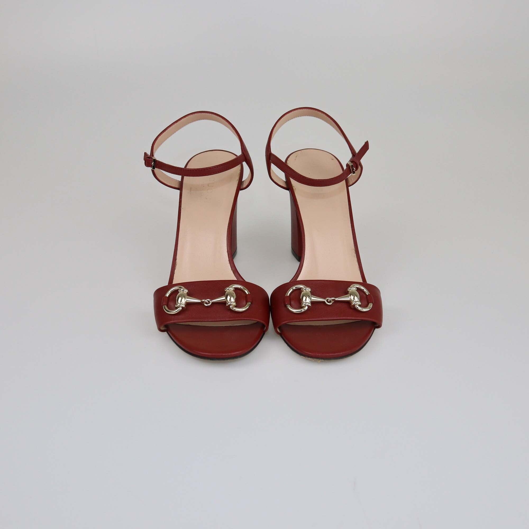 Gucci Red Horsebit Ankle Strap Open Toe Block Heel Sandals Womens Gucci 