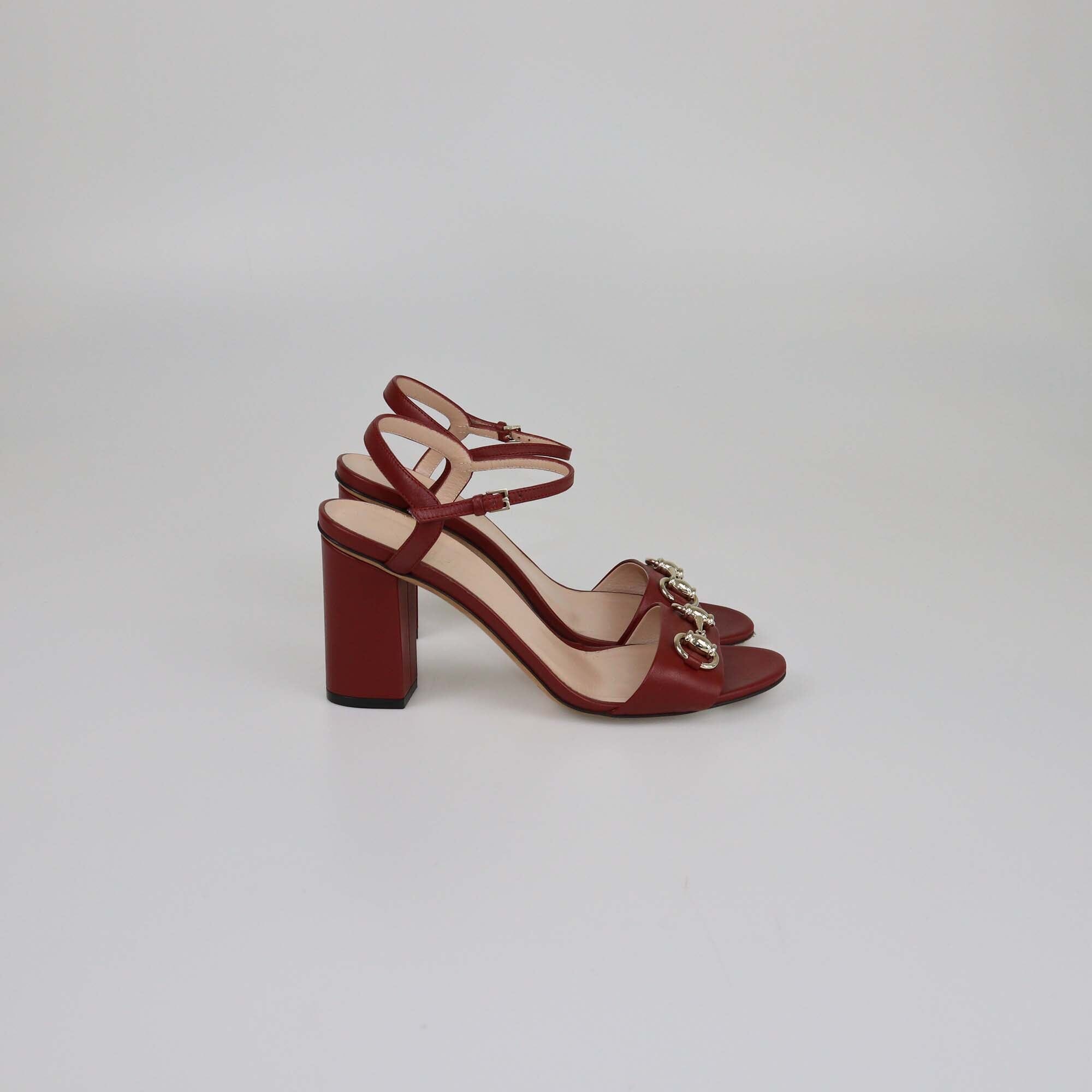 Gucci Red Horsebit Ankle Strap Open Toe Block Heel Sandals Womens Gucci 