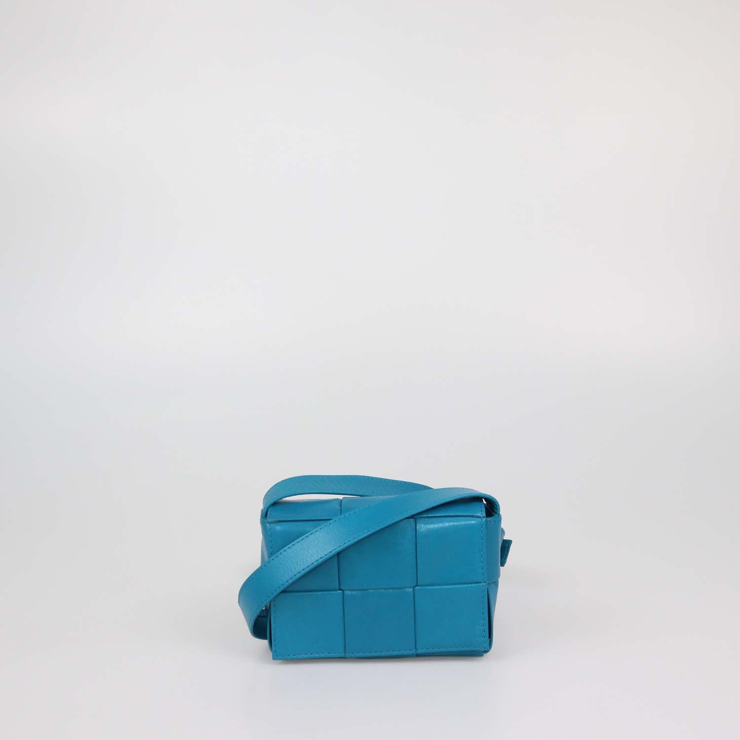 Bottega Veneta Teal Blue Intreccio Leather Mini Cassette Shoulder Bag