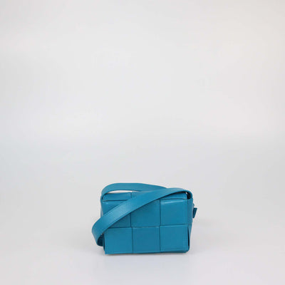 Bottega Veneta Teal Blue Intreccio Leather Mini Cassette Shoulder Bag