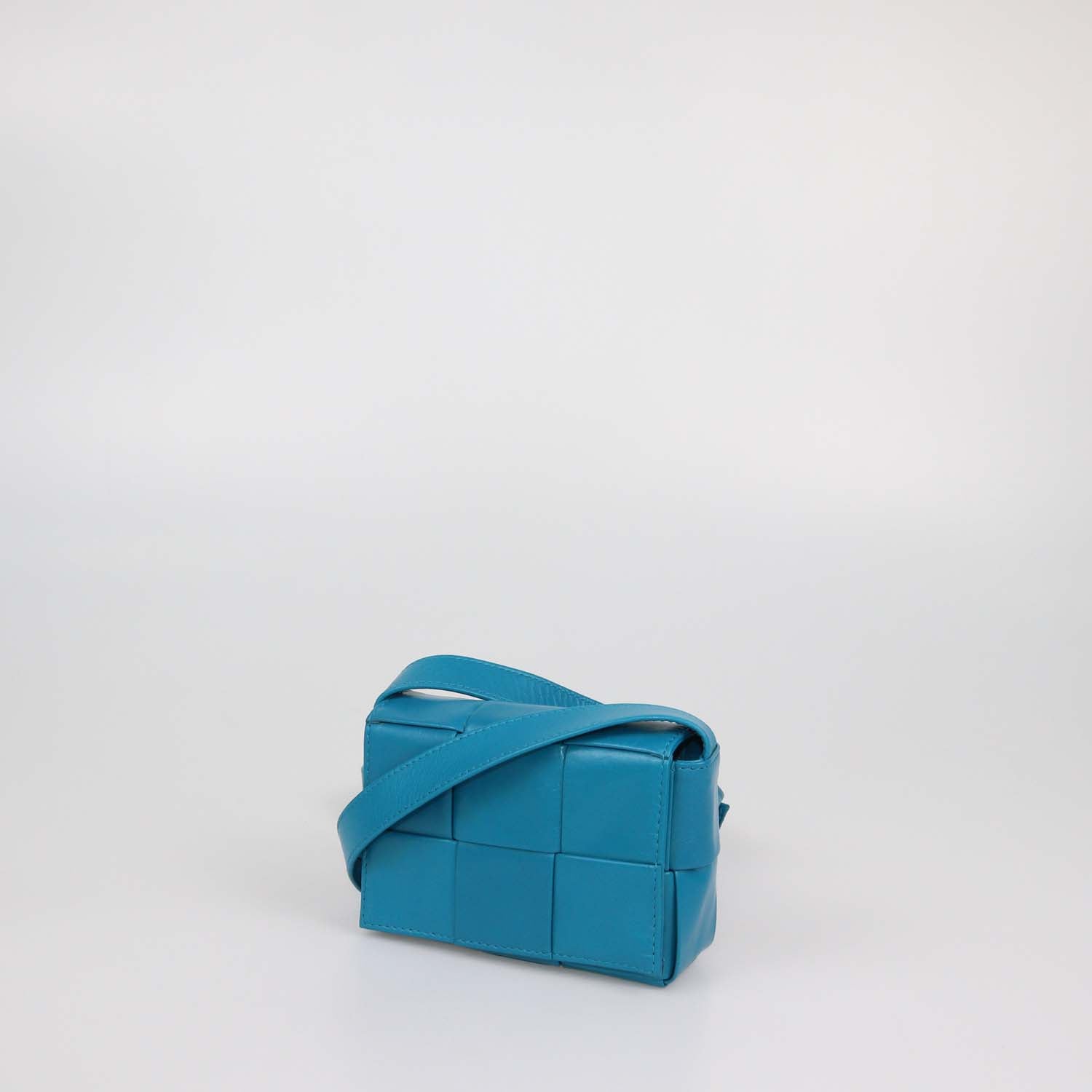 Bottega Veneta Teal Blue Intreccio Leather Mini Cassette Shoulder Bag