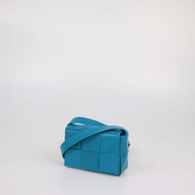 Bottega Veneta Teal Blue Intreccio Leather Mini Cassette Shoulder Bag