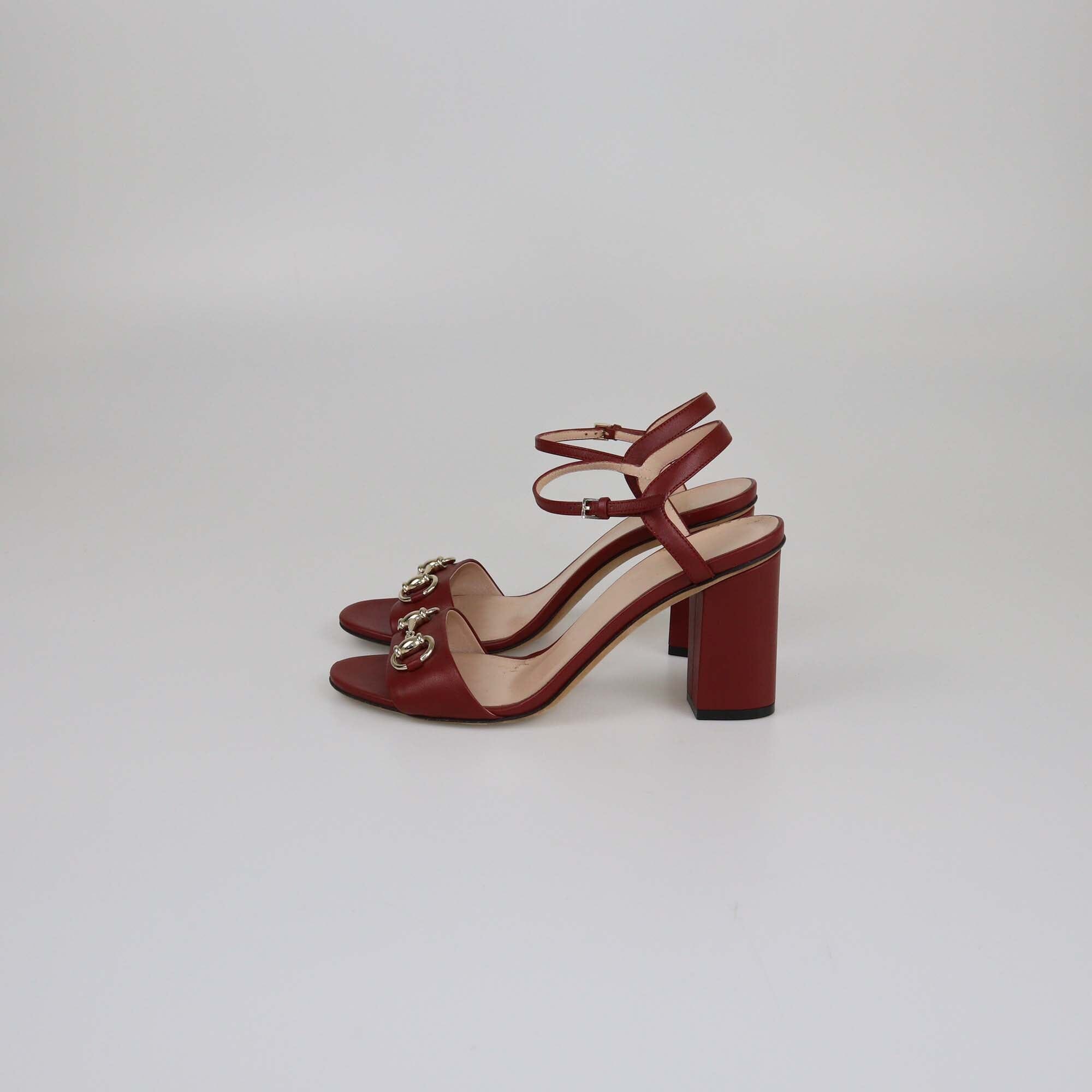 Gucci Red Horsebit Ankle Strap Open Toe Block Heel Sandals Womens Gucci 