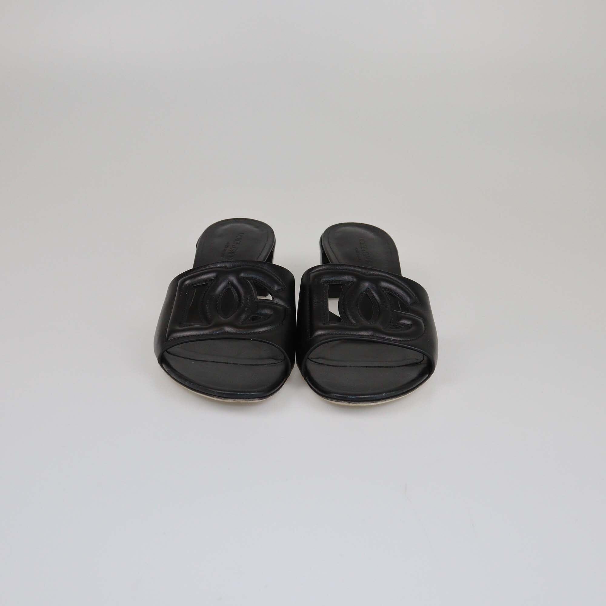 Dolce & Gabbana Black Leather Cut Out DG Logo Slide Sandals Womens Dolce & Gabbana 