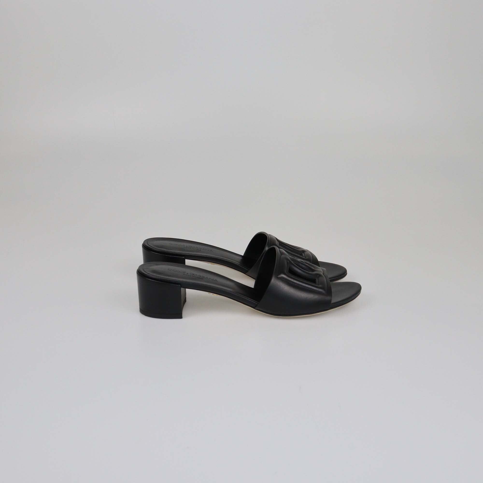 Dolce & Gabbana Black Leather Cut Out DG Logo Slide Sandals Womens Dolce & Gabbana 