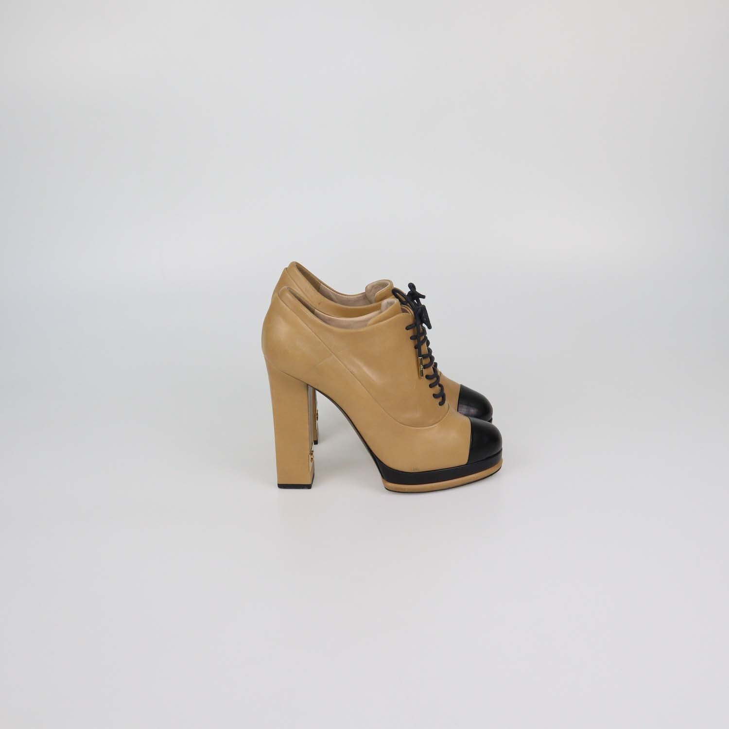 Chanel Beige/Black Leather Cap Toe Platform Ankle Boots