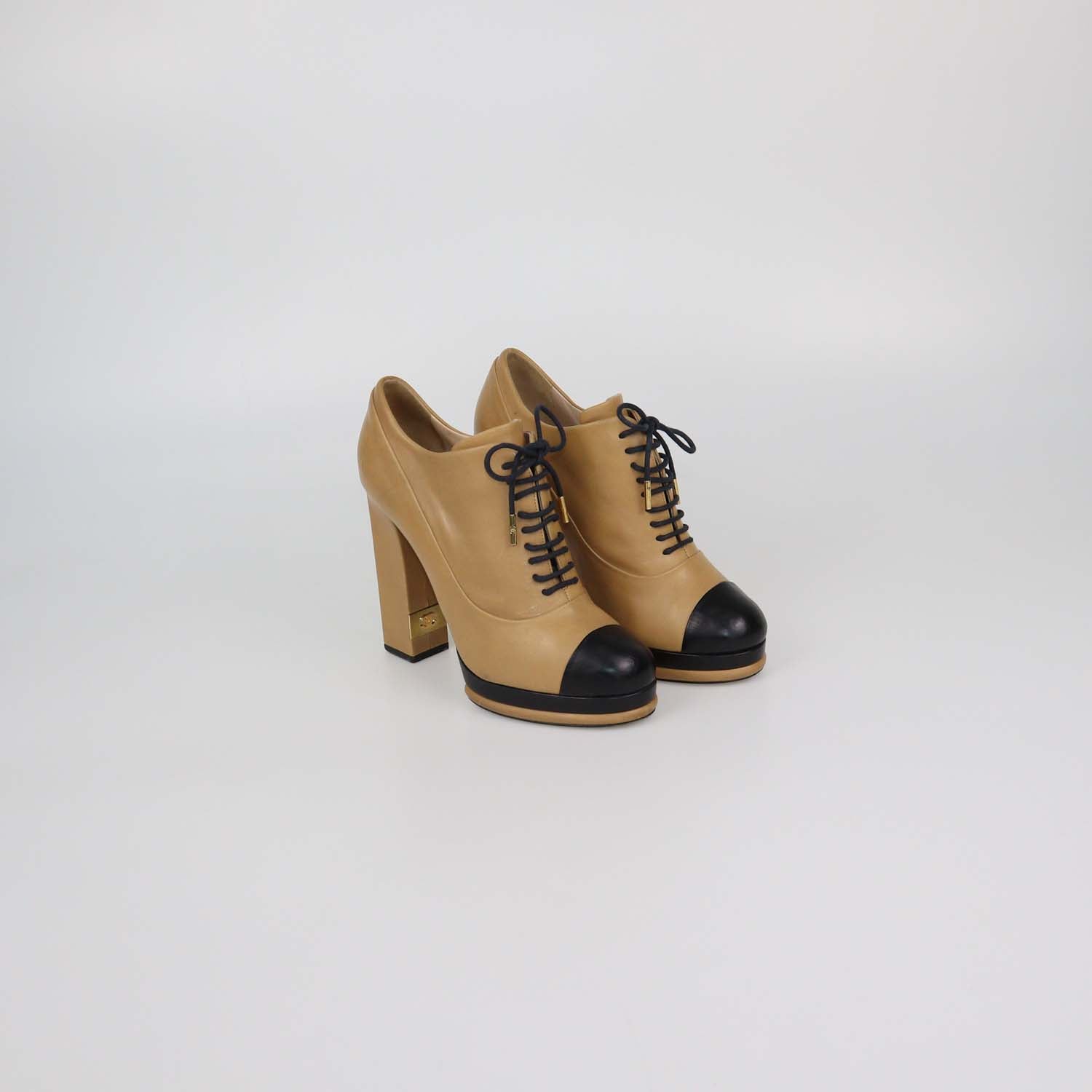 Chanel Beige/Black Leather Cap Toe Platform Ankle Boots