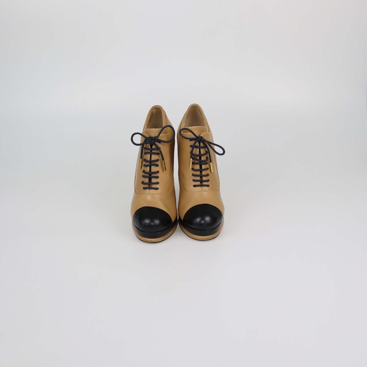 Chanel Beige/Black Leather Cap Toe Platform Ankle Boots
