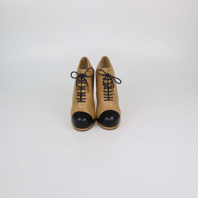 Chanel Beige/Black Leather Cap Toe Platform Ankle Boots