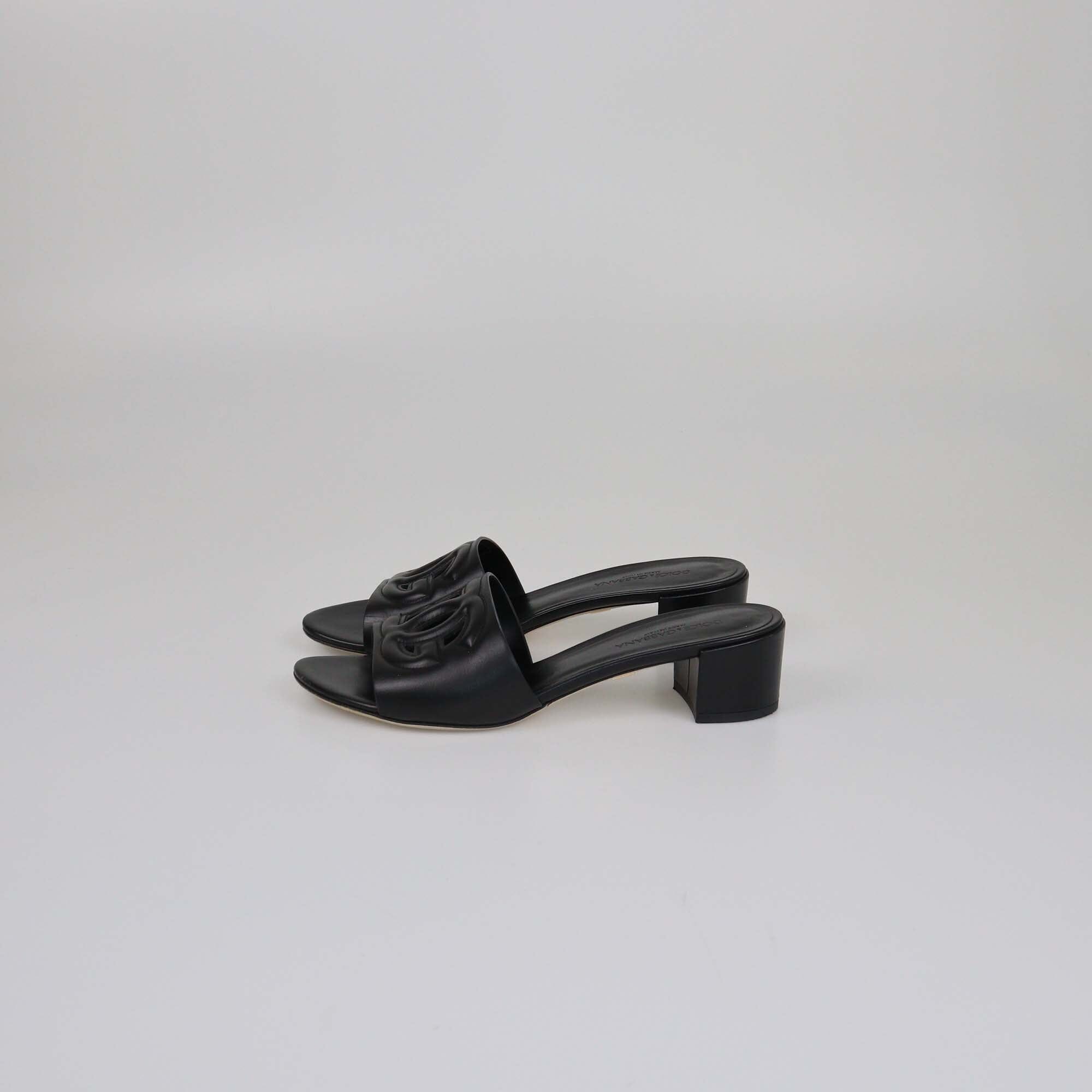 Dolce & Gabbana Black Leather Cut Out DG Logo Slide Sandals Womens Dolce & Gabbana 