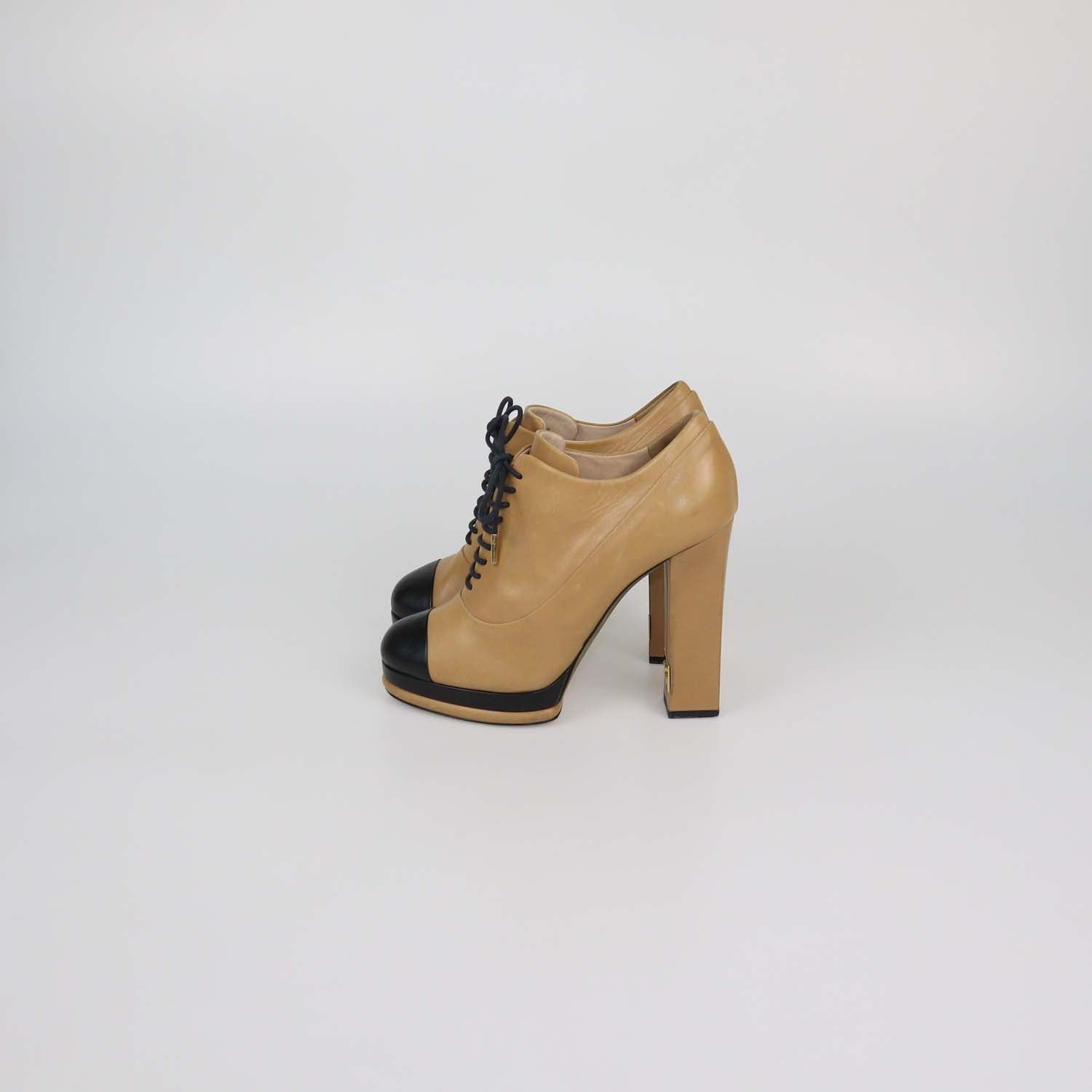 Chanel Beige/Black Leather Cap Toe Platform Ankle Boots