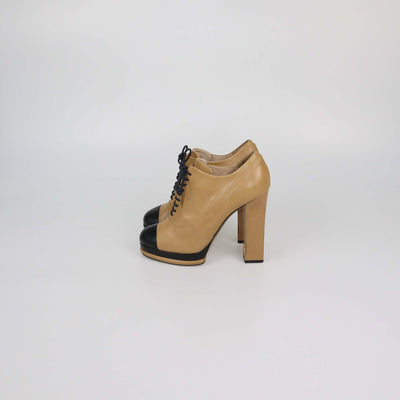 Chanel Beige/Black Leather Cap Toe Platform Ankle Boots