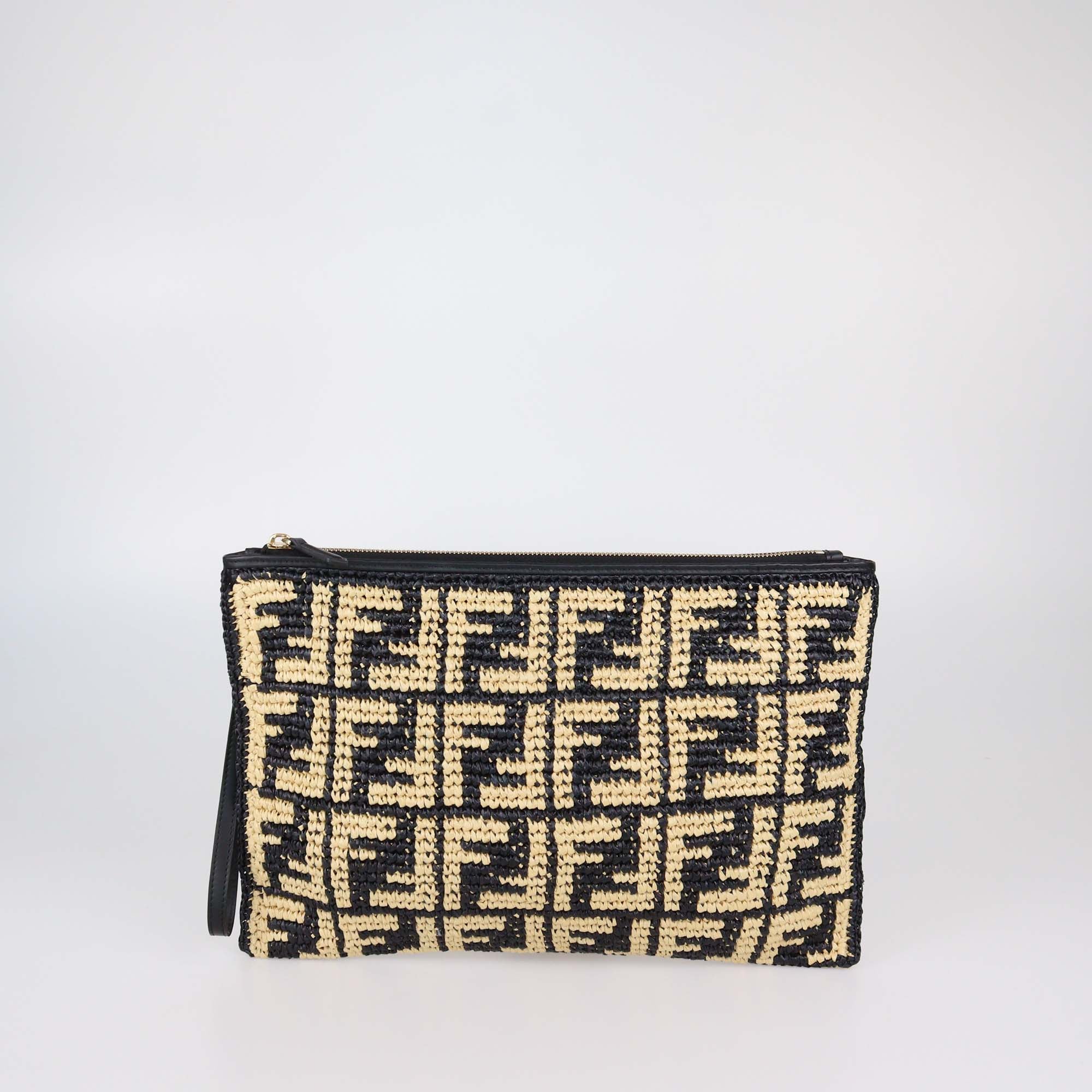 Fendi Black/Natural FF Raffia Large Flat Zip Wristlet Pouch