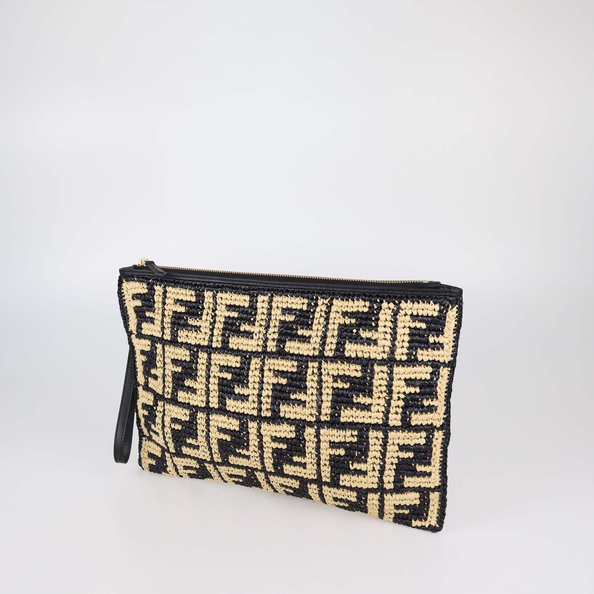 Fendi Black/Natural FF Raffia Large Flat Zip Wristlet Pouch