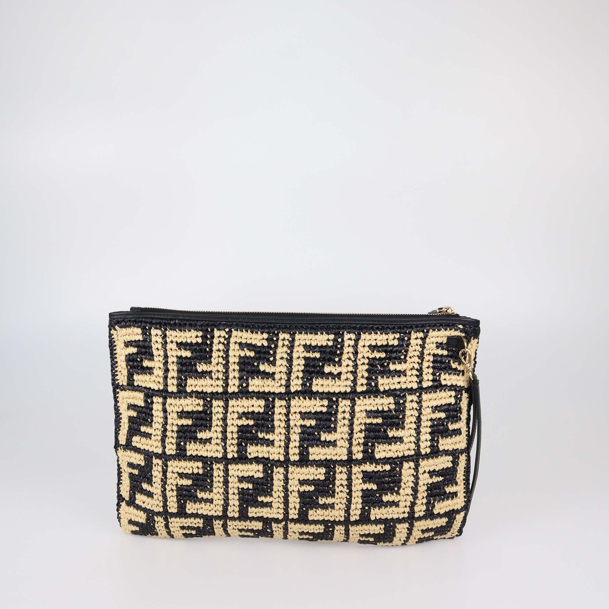 Fendi Black/Natural FF Raffia Large Flat Zip Wristlet Pouch