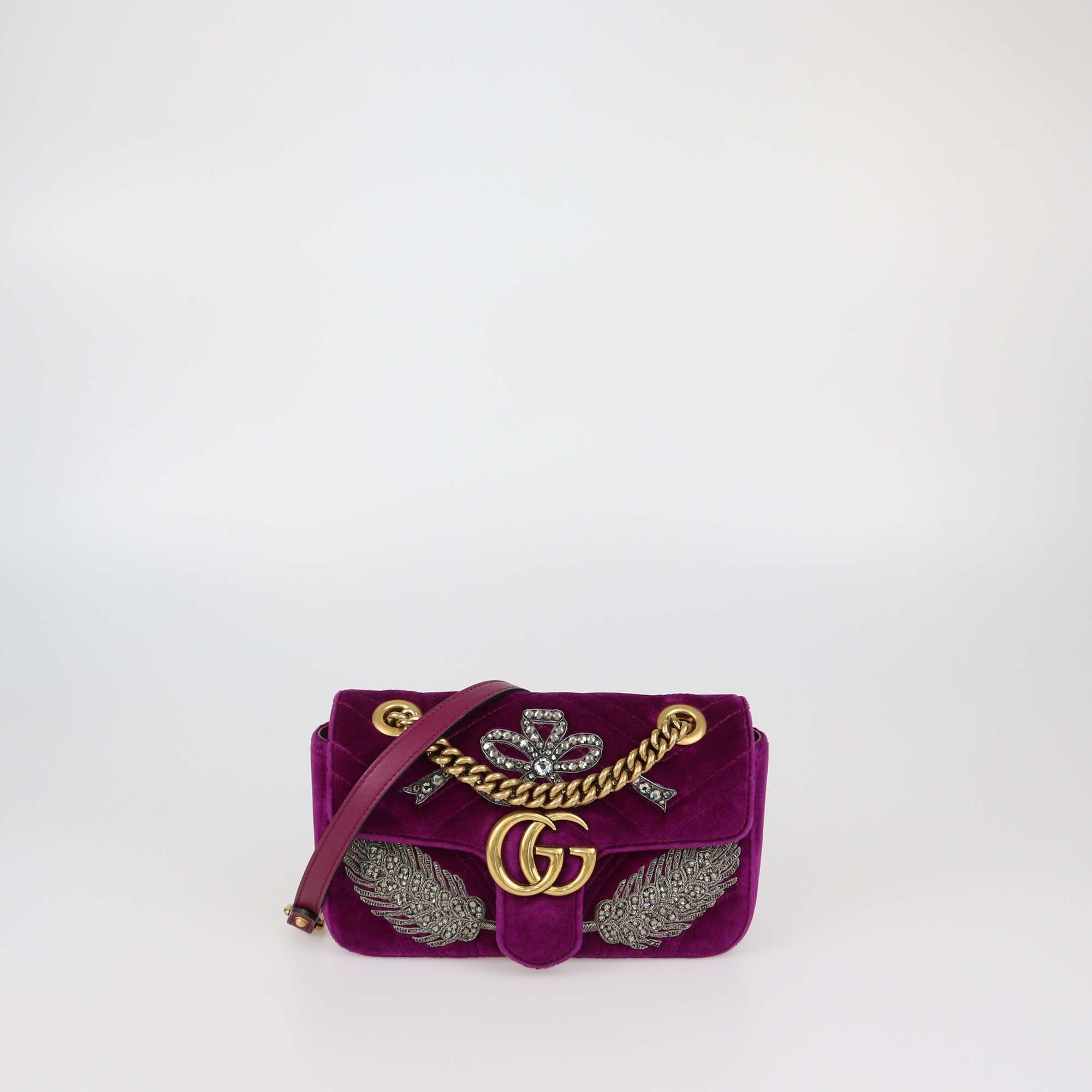 Gucci Magenta Matelasse Velvet Small Crystal Embellished GG Marmont Shoulder Bag