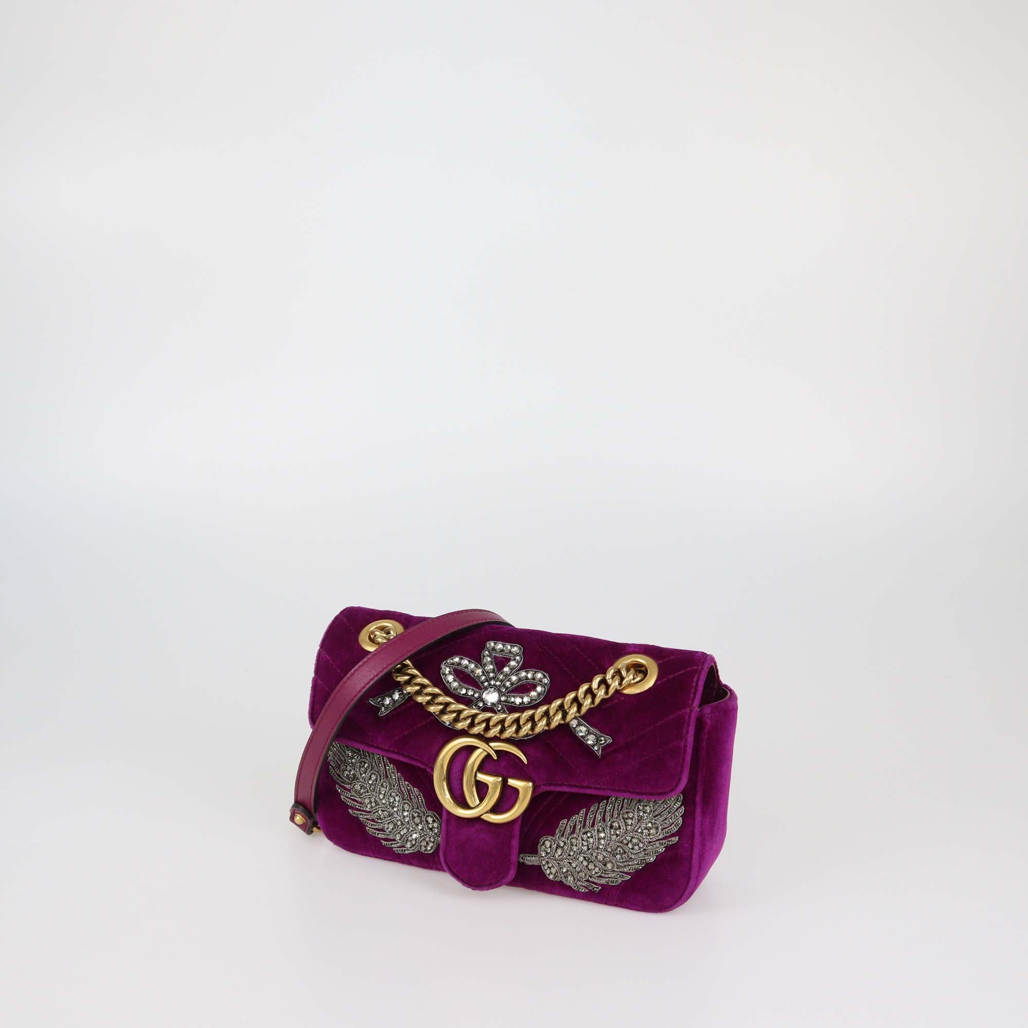 Gucci Magenta Matelasse Velvet Small Crystal Embellished GG Marmont Shoulder Bag