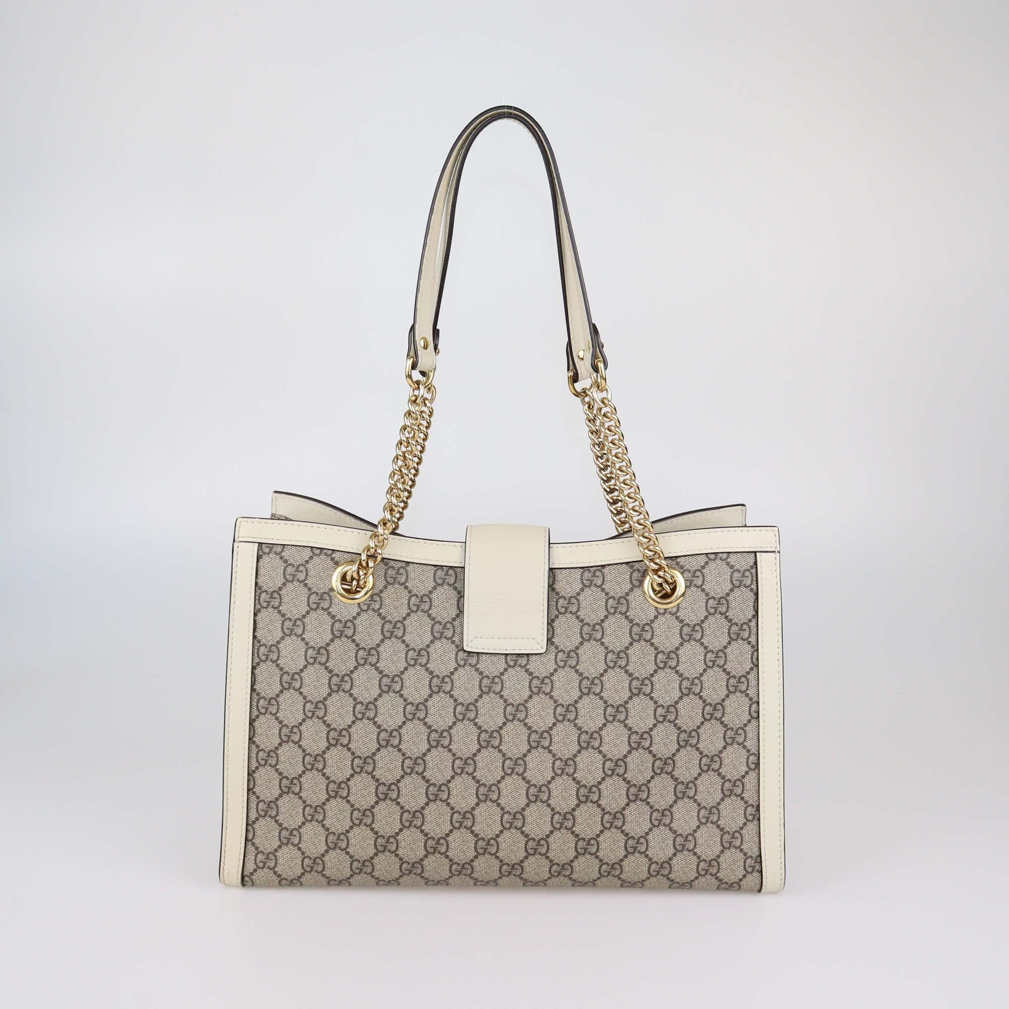 Gucci Beige/Off White GG Supreme Canvas Leather Medium Padlock Tote