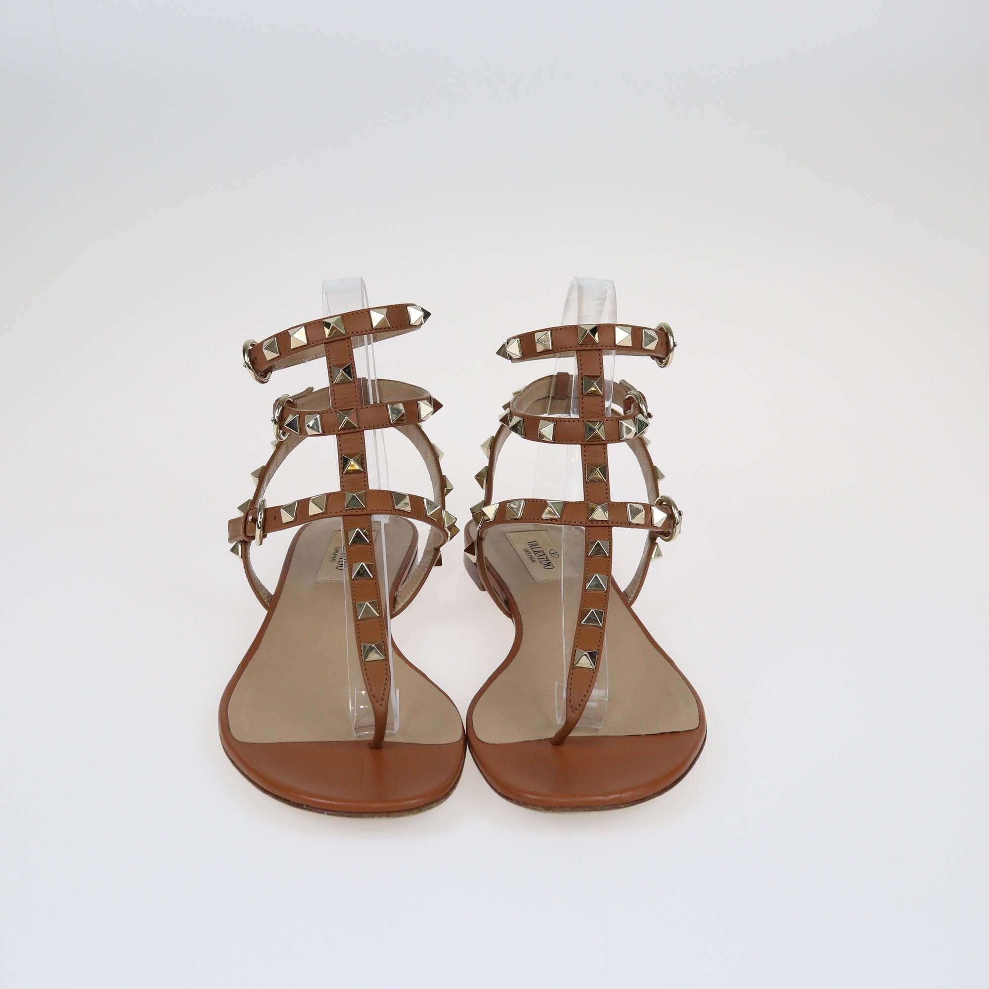 Valentino Brown Rockstud Thong Flat Sandals Shoes Valentino 