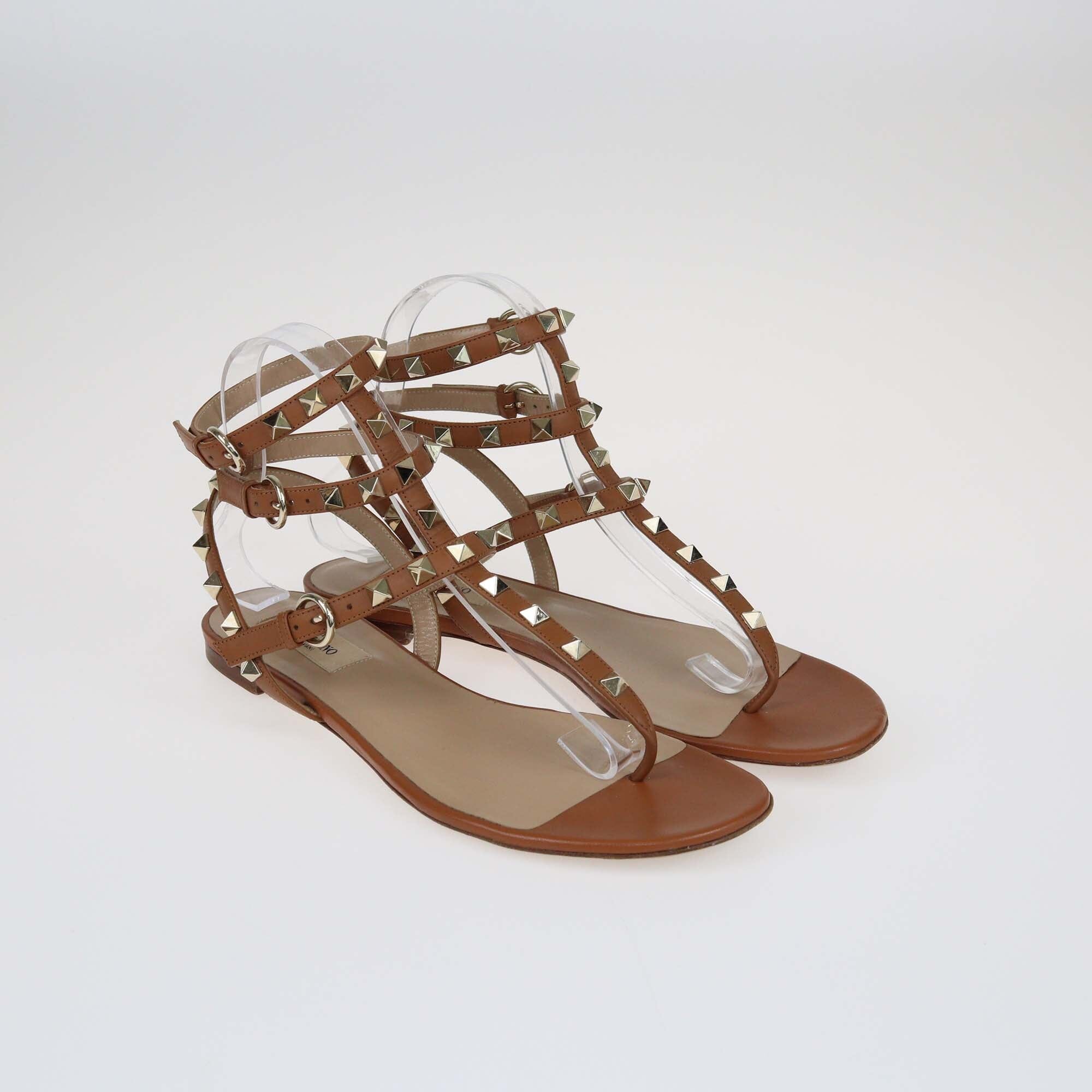 Valentino Brown Rockstud Thong Flat Sandals Shoes Valentino 