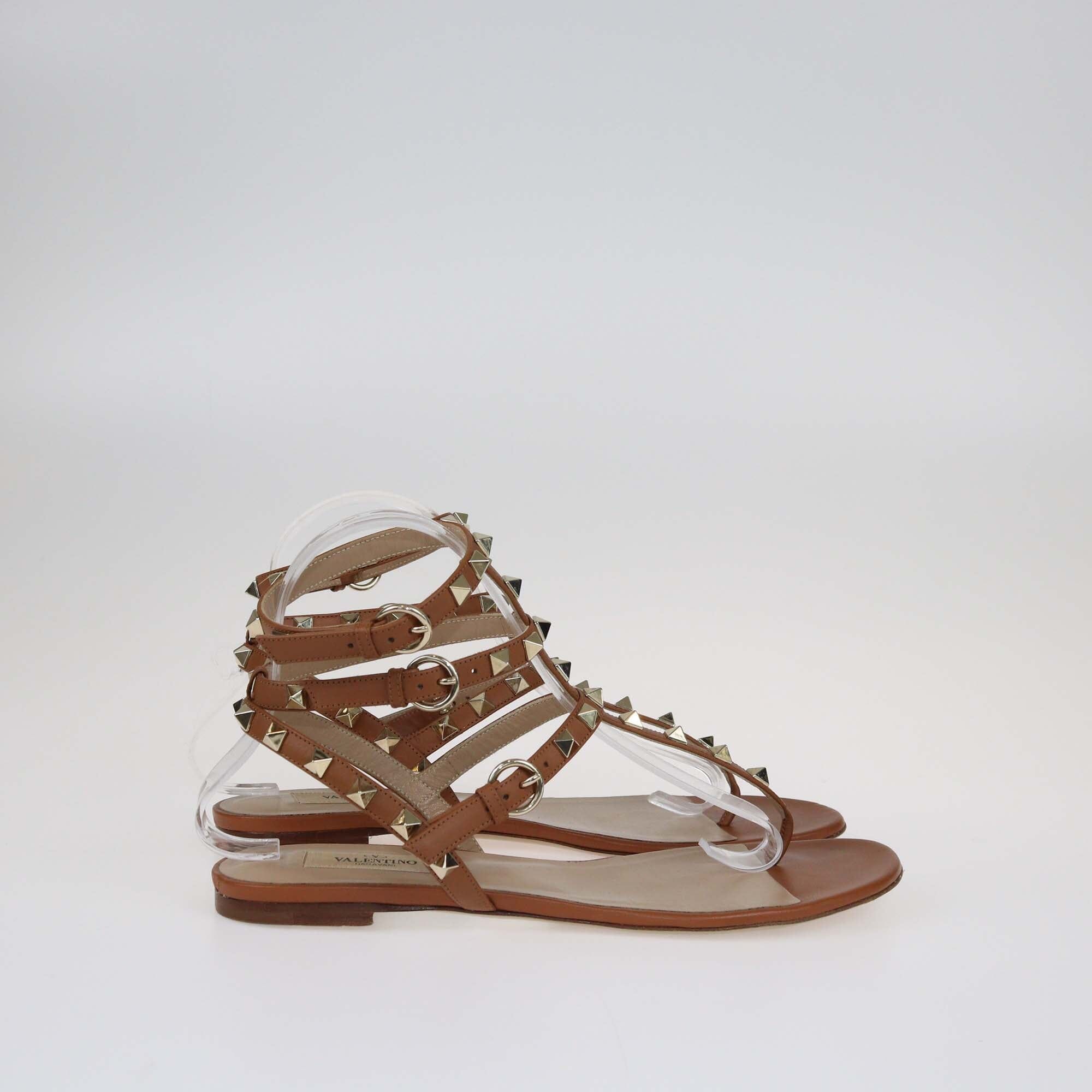 Valentino Brown Rockstud Thong Flat Sandals Shoes Valentino 