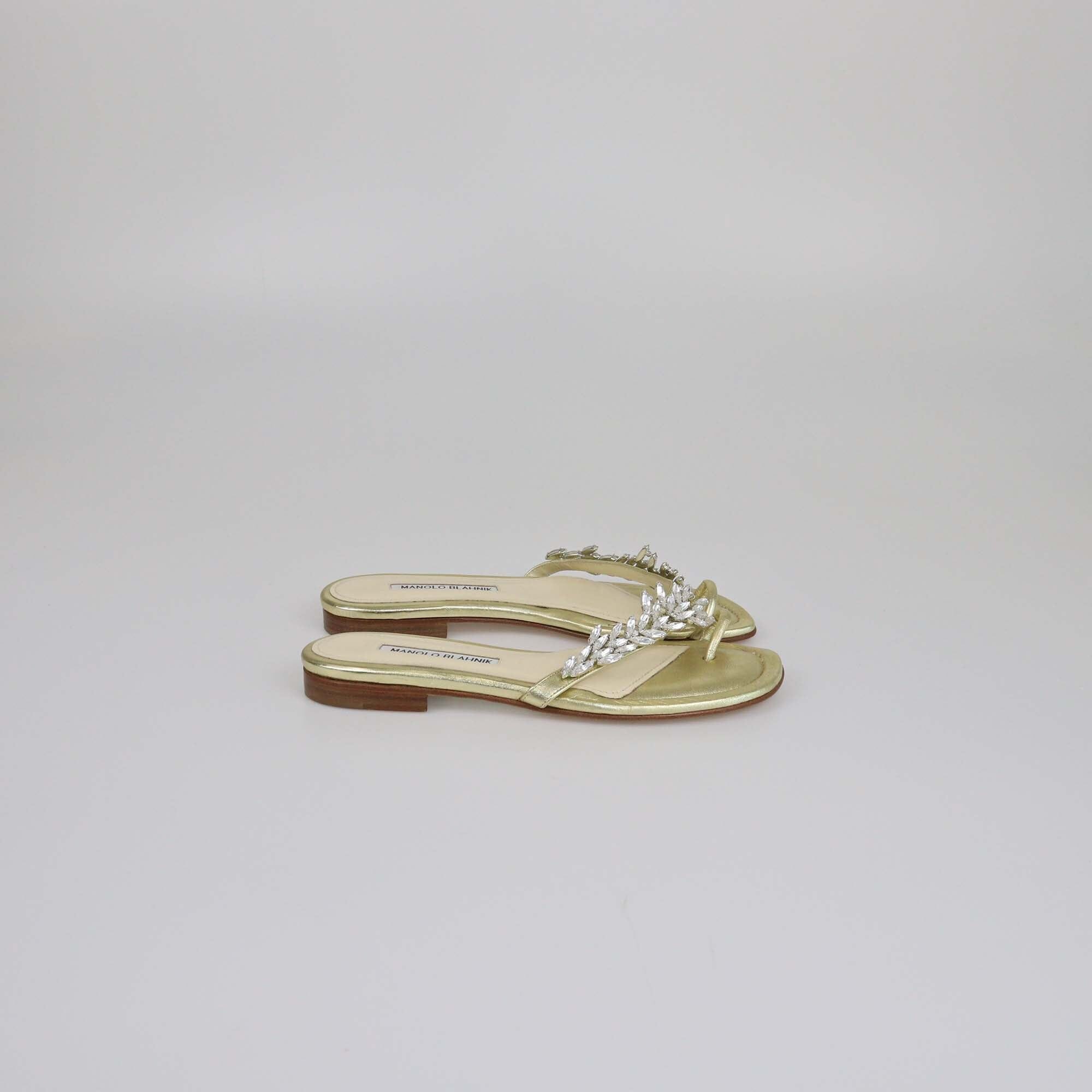 Manolo Blahnik Gold Crystal Embellished Toe Ring Flat Slides Womens Manolo Blahnik 