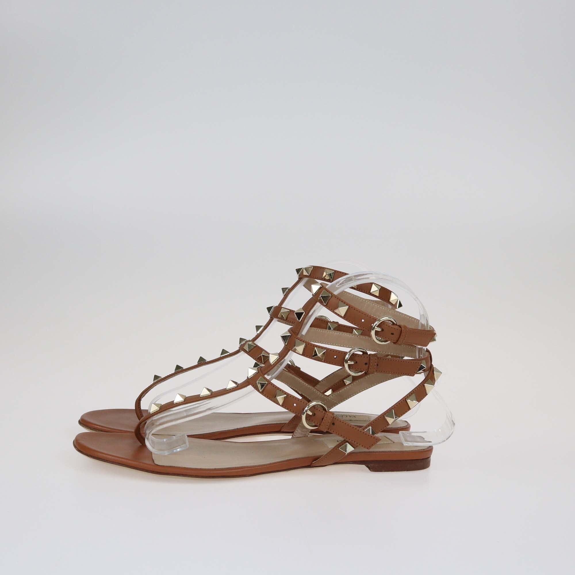 Valentino Brown Rockstud Thong Flat Sandals Shoes Valentino 