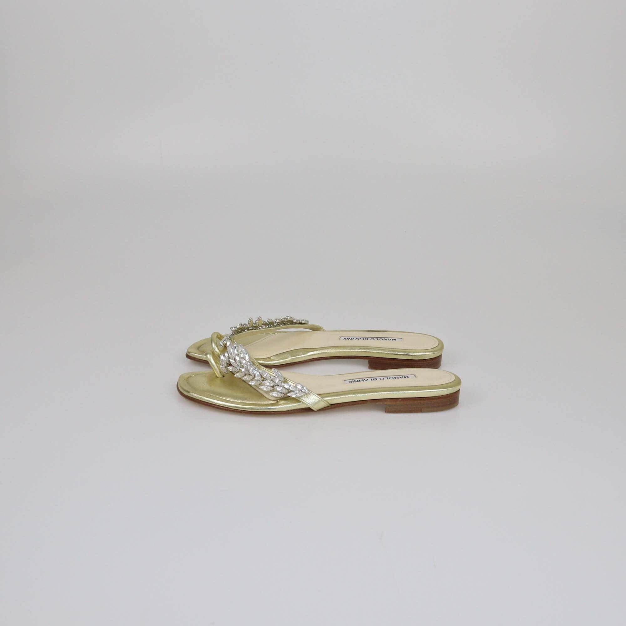 Manolo Blahnik Gold Crystal Embellished Toe Ring Flat Slides Womens Manolo Blahnik 