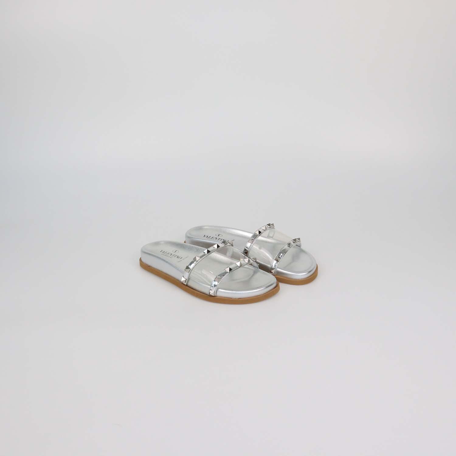Valentino Silver PVC and Patent Leather Rockstud Flat Slides